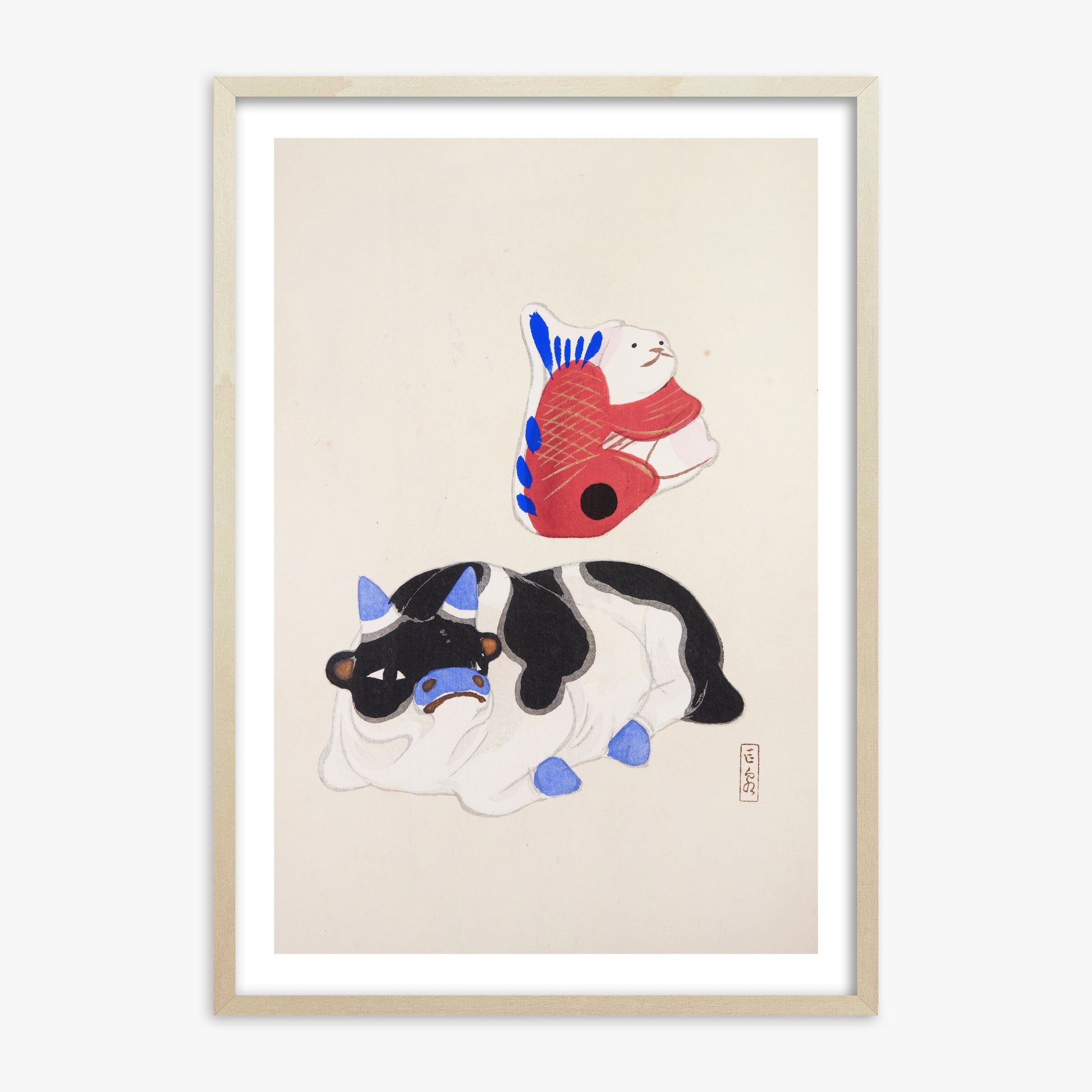 Kawasaki Kyosen: Kyosen’s Collected Illustrations of Japanese Toys Nr. 68 ("Carp atop Blue‐Horn Ox"), 70x100cm Framed Art Reproduction With Lime Wood Frame