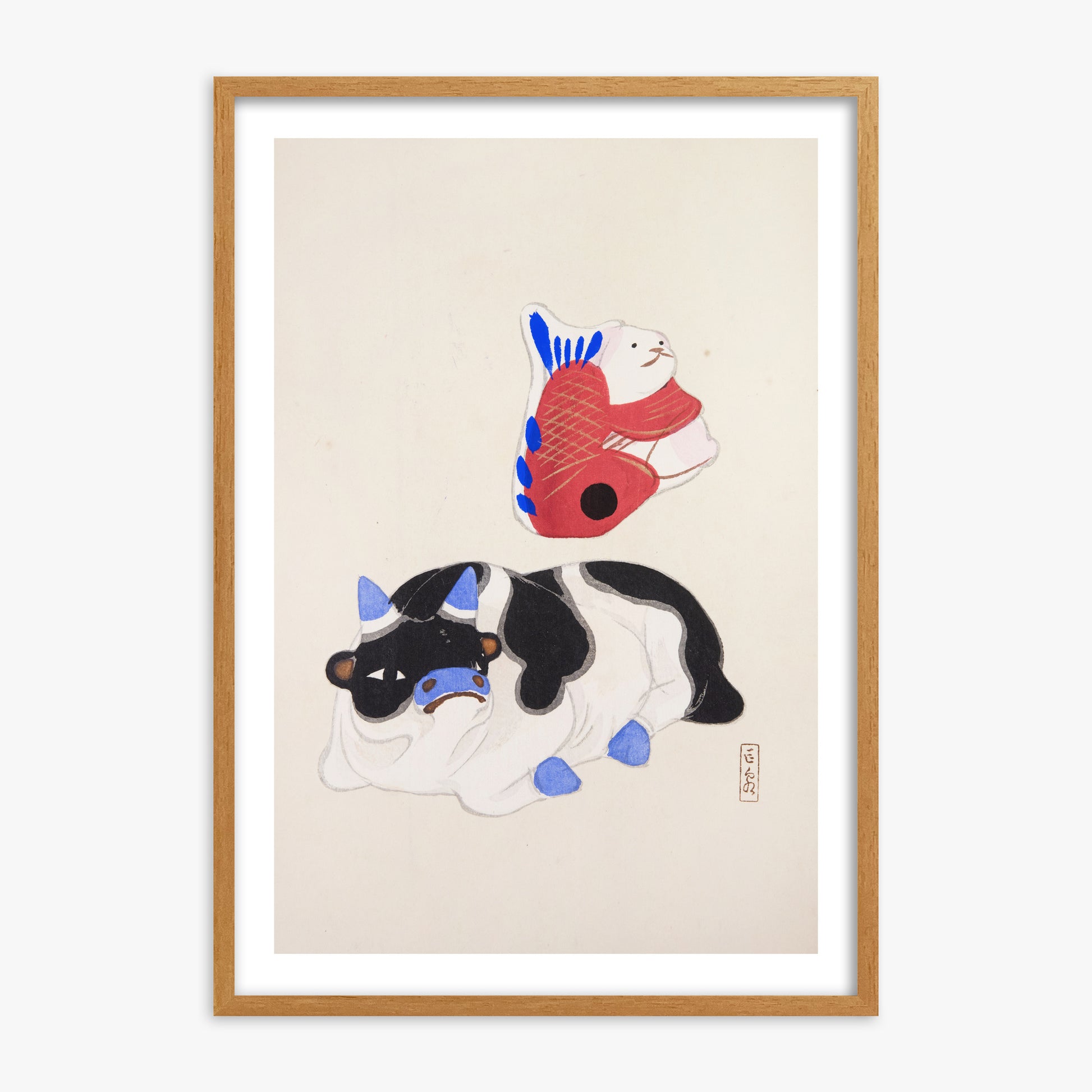 Kawasaki Kyosen: Kyosen’s Collected Illustrations of Japanese Toys Nr. 68 ("Carp atop Blue‐Horn Ox"), 70x100cm Framed Art Reproduction With Oak Frame