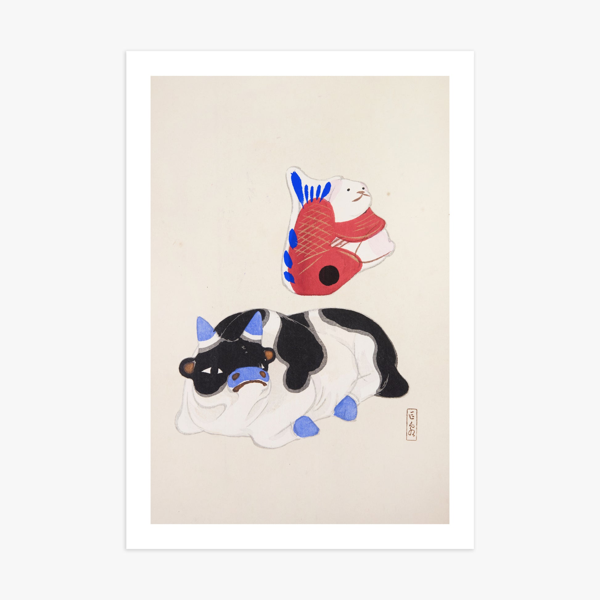 Kawasaki Kyosen: Kyosen’s Collected Illustrations of Japanese Toys Nr. 68 ("Carp atop Blue‐Horn Ox"), 70x100cm Art Reproduction Unframed