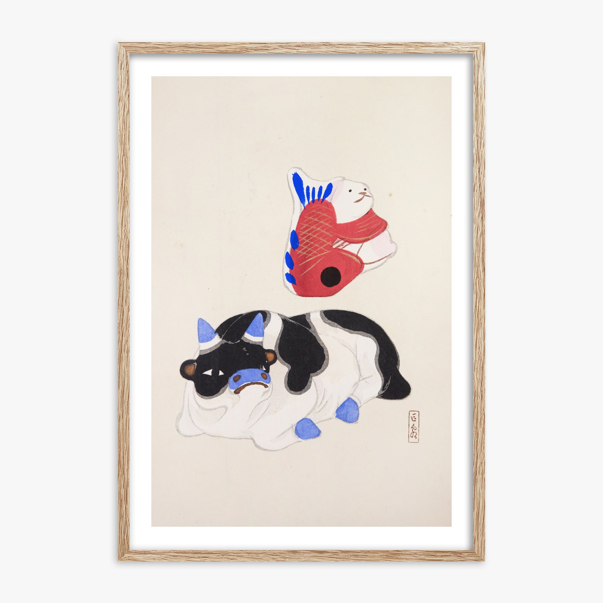 Kawasaki Kyosen: Kyosen’s Collected Illustrations of Japanese Toys Nr. 68 ("Carp atop Blue‐Horn Ox"), 70x100cm Framed Art Reproduction With Raw Oak Frame