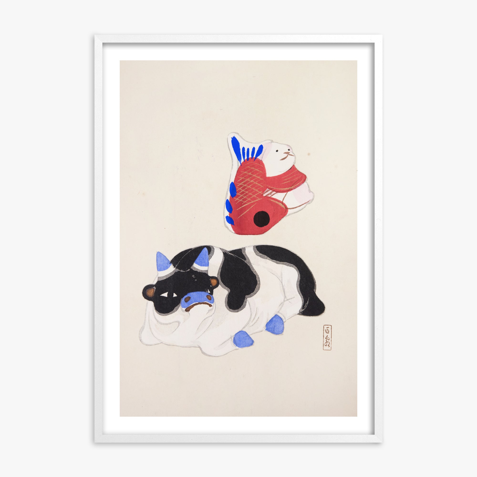 Kawasaki Kyosen: Kyosen’s Collected Illustrations of Japanese Toys Nr. 68 ("Carp atop Blue‐Horn Ox"), 70x100cm Framed Art Reproduction With White Frame
