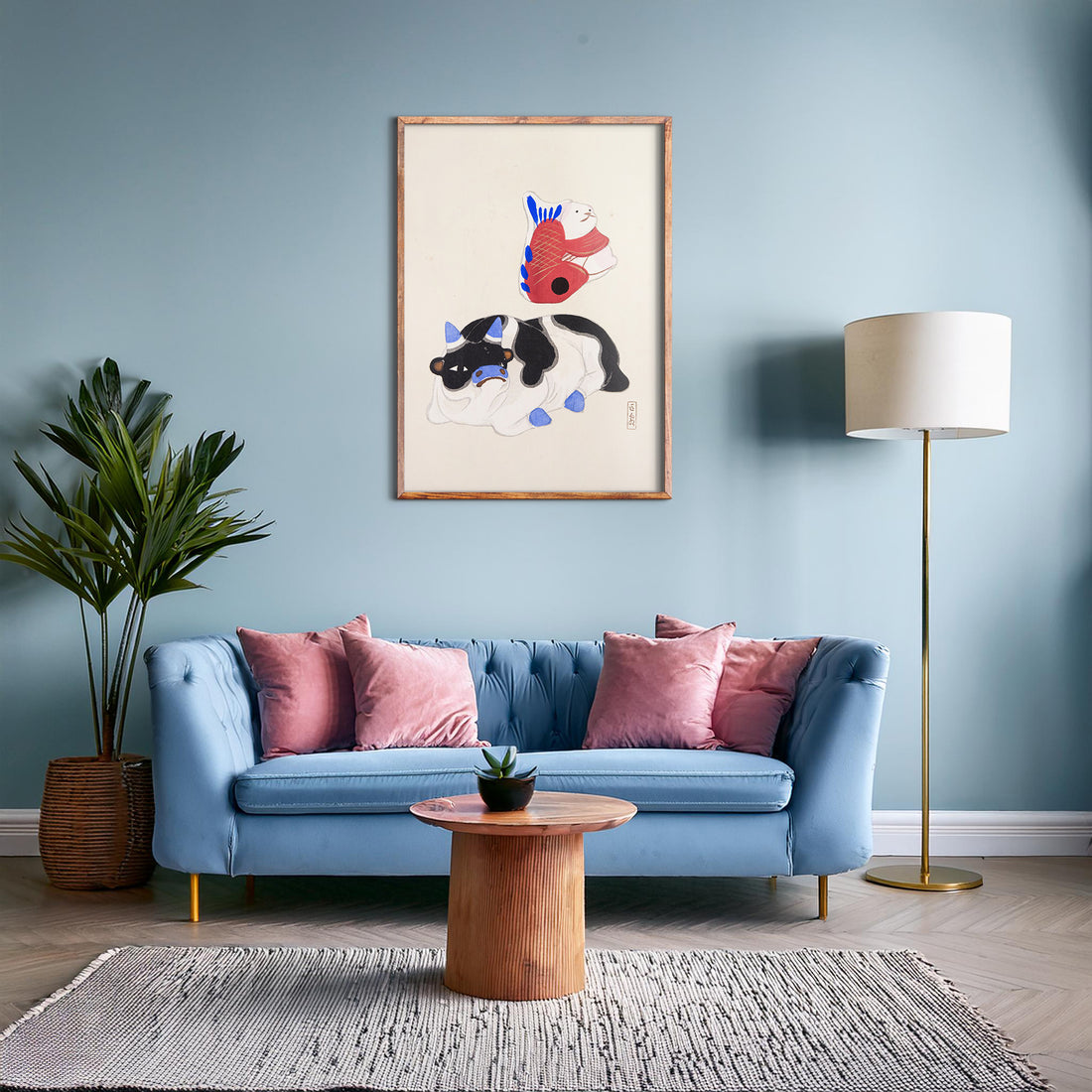 Kawasaki Kyosen: Kyosen’s Collected Illustrations of Japanese Toys Nr. 68 ("Carp atop Blue‐Horn Ox"), 50x70cm Framed Art Reproduction With Black Frame