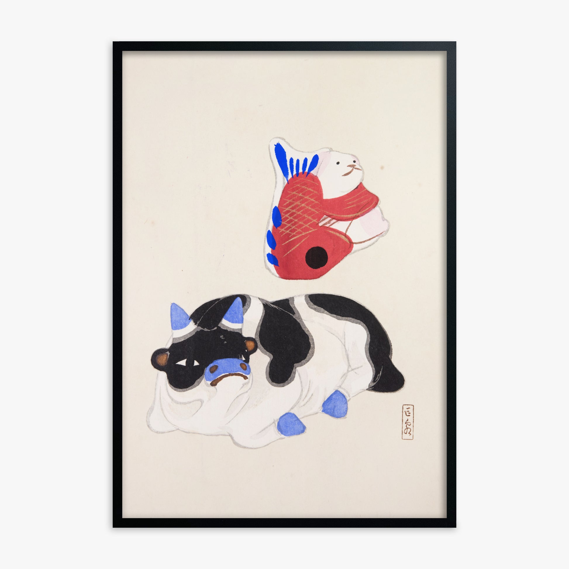 Kawasaki Kyosen: Kyosen’s Collected Illustrations of Japanese Toys Nr. 68 ("Carp atop Blue‐Horn Ox"), Black Framed Art Reproduction With Black Frame