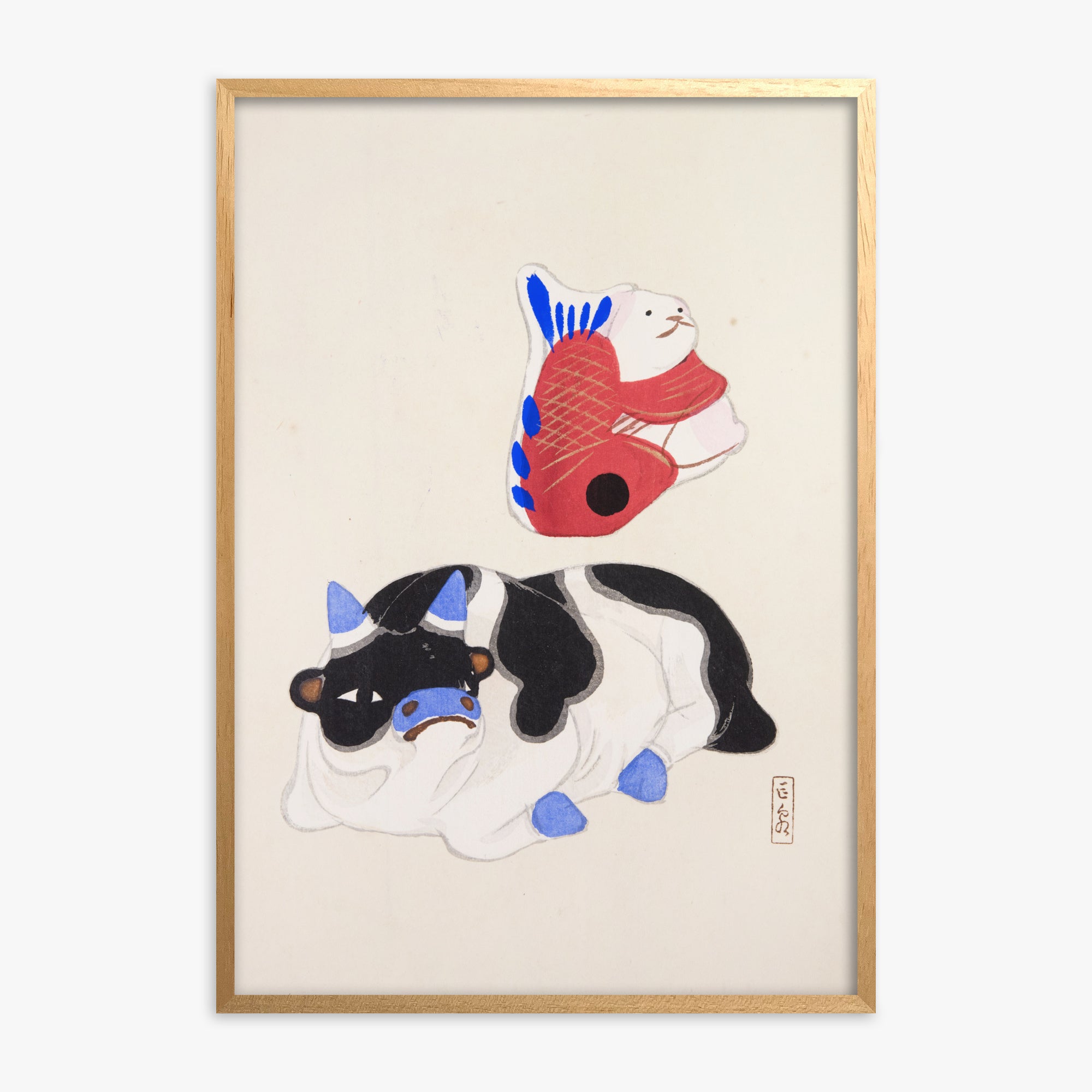 Kawasaki Kyosen: Kyosen’s Collected Illustrations of Japanese Toys Nr. 68 ("Carp atop Blue‐Horn Ox"), Oak Framed Art Reproduction With Oak Frame