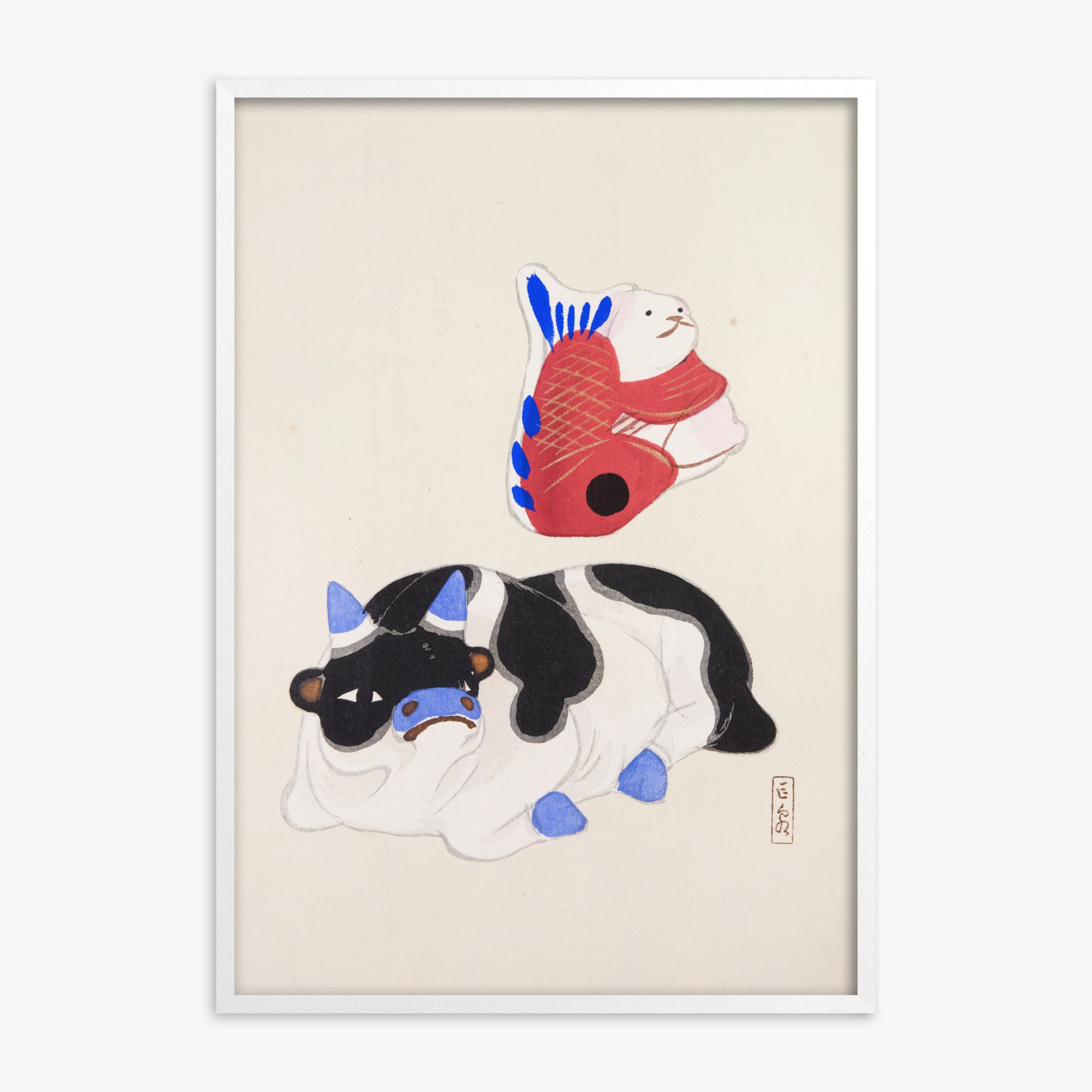 Kawasaki Kyosen: Kyosen’s Collected Illustrations of Japanese Toys Nr. 68 ("Carp atop Blue‐Horn Ox"), White Framed Art Reproduction With White Frame