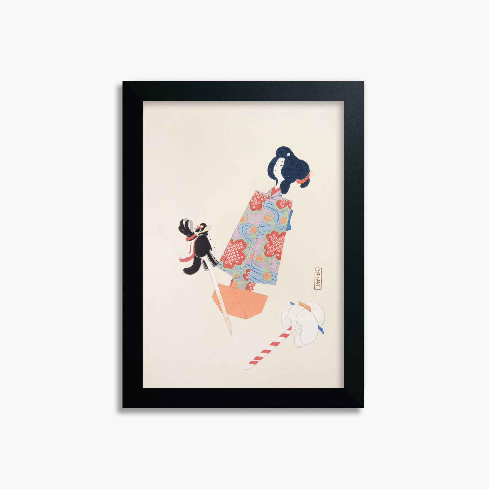Kawasaki Kyosen: Kyosen’s Collected Illustrations of Japanese Toys Nr. 69 ("Cherry Blossom Dreams"), 21x30cm Framed Art Reproduction With Black Frame