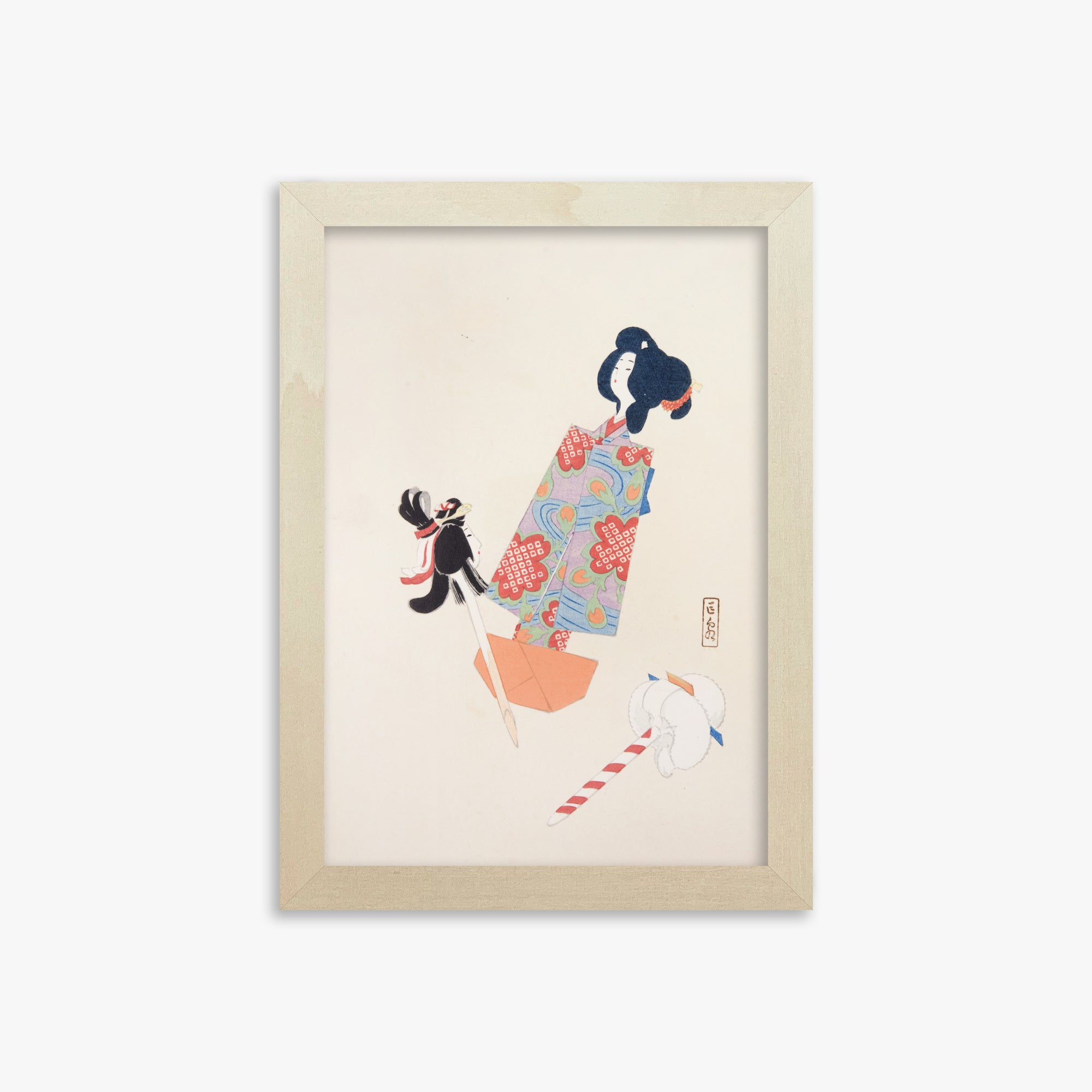 Kawasaki Kyosen: Kyosen’s Collected Illustrations of Japanese Toys Nr. 69 ("Cherry Blossom Dreams"), 21x30cm Framed Art Reproduction With Lime Wood Frame