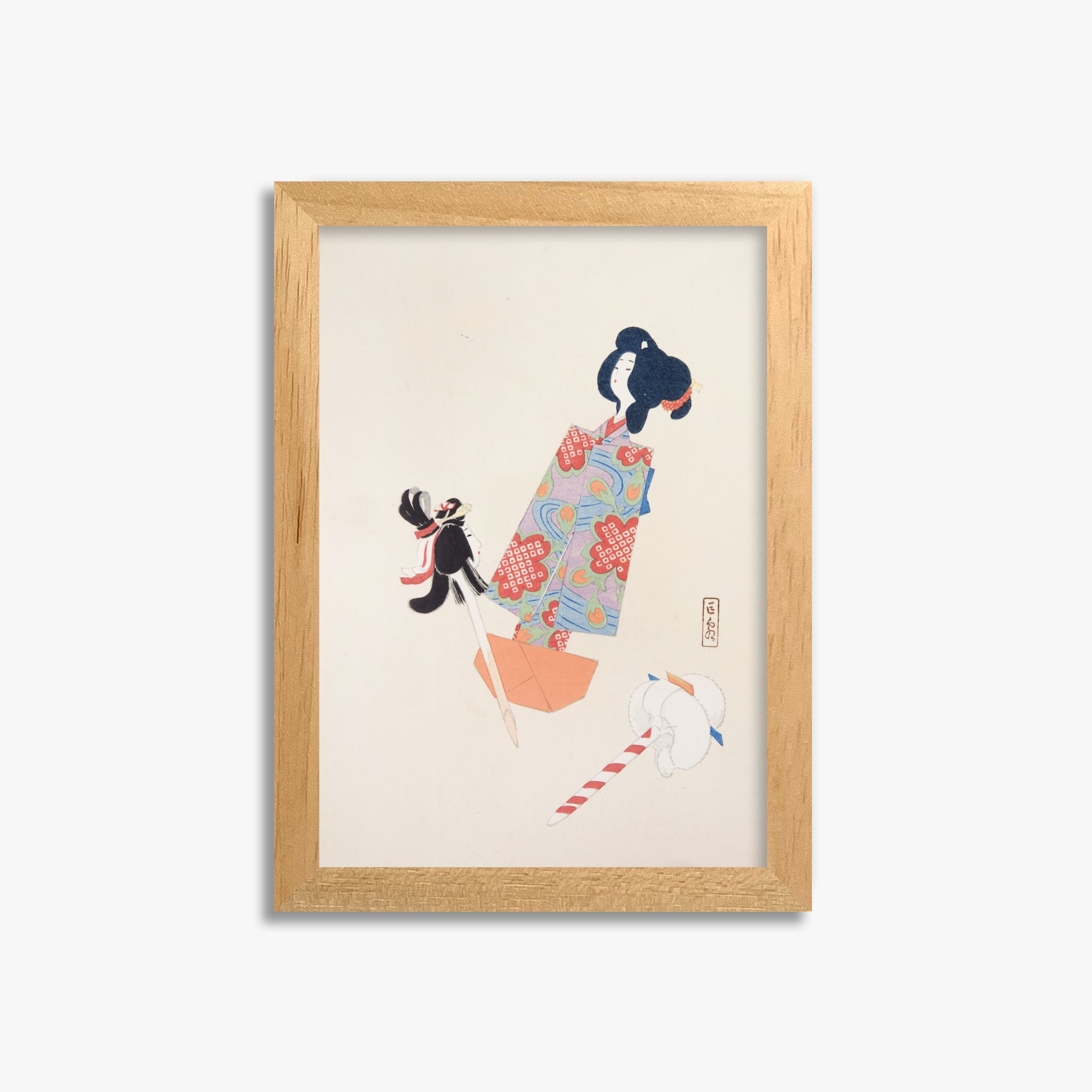 Kawasaki Kyosen: Kyosen’s Collected Illustrations of Japanese Toys Nr. 69 ("Cherry Blossom Dreams"), 21x30cm Framed Art Reproduction With Oak Frame