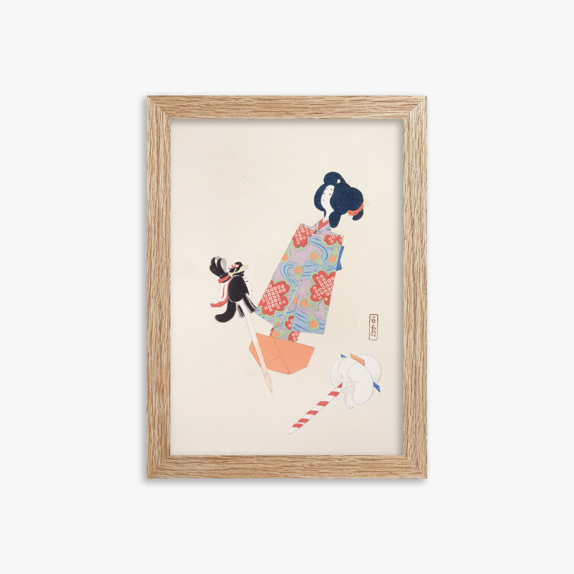 Kawasaki Kyosen: Kyosen’s Collected Illustrations of Japanese Toys Nr. 69 ("Cherry Blossom Dreams"), 21x30cm Framed Art Reproduction With Raw Oak Frame