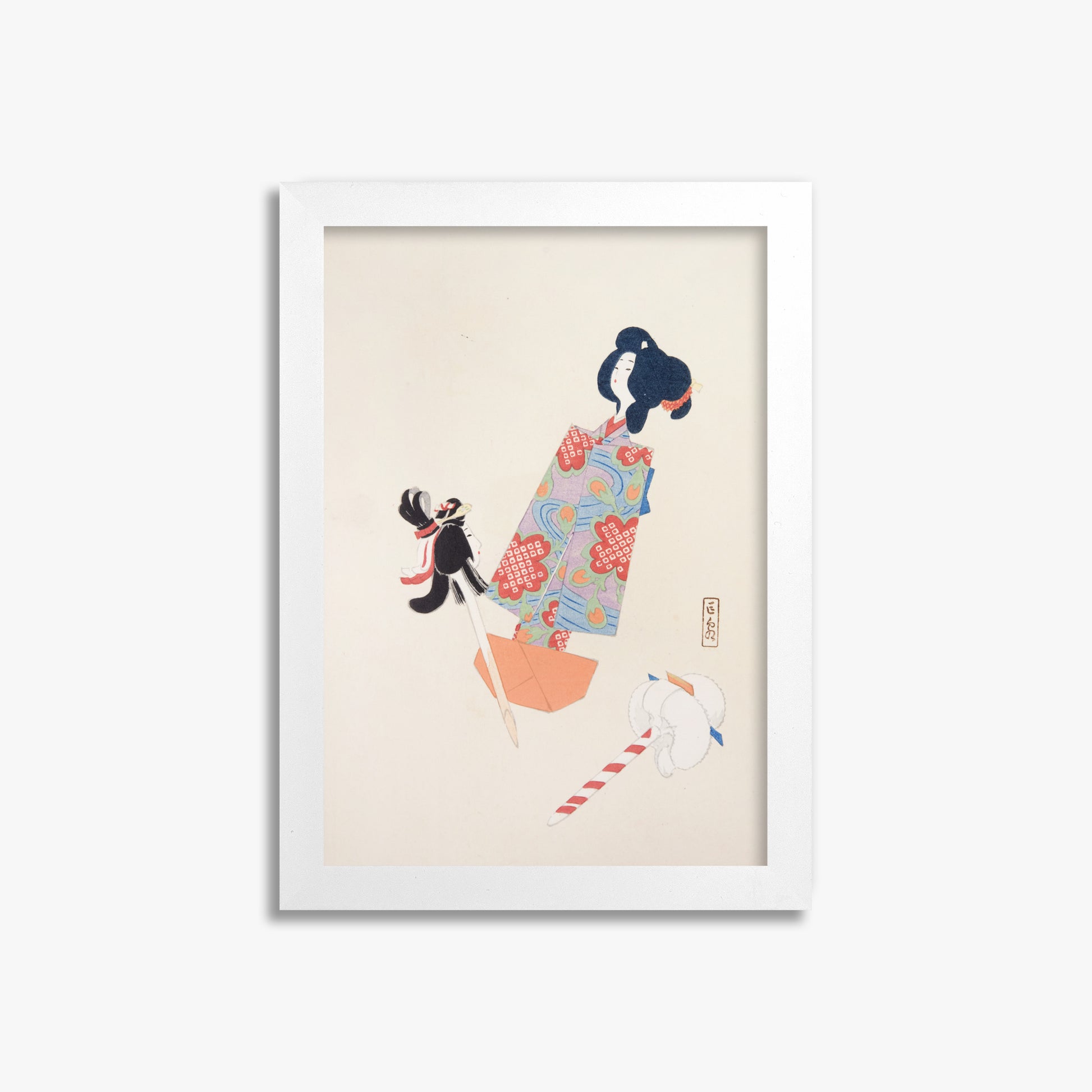 Kawasaki Kyosen: Kyosen’s Collected Illustrations of Japanese Toys Nr. 69 ("Cherry Blossom Dreams"), 21x30cm Framed Art Reproduction With White Frame