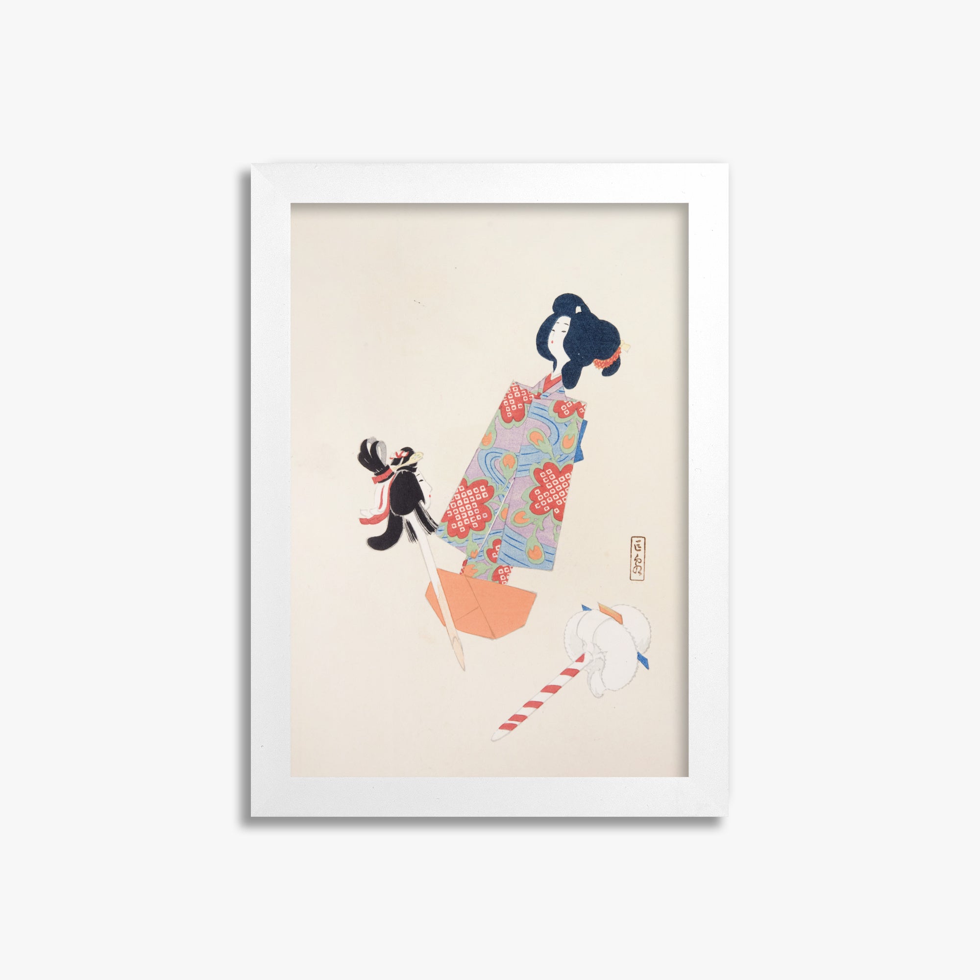 Kawasaki Kyosen: Kyosen’s Collected Illustrations of Japanese Toys Nr. 69 ("Cherry Blossom Dreams"), 21x30cm Framed Art Reproduction With White Frame
