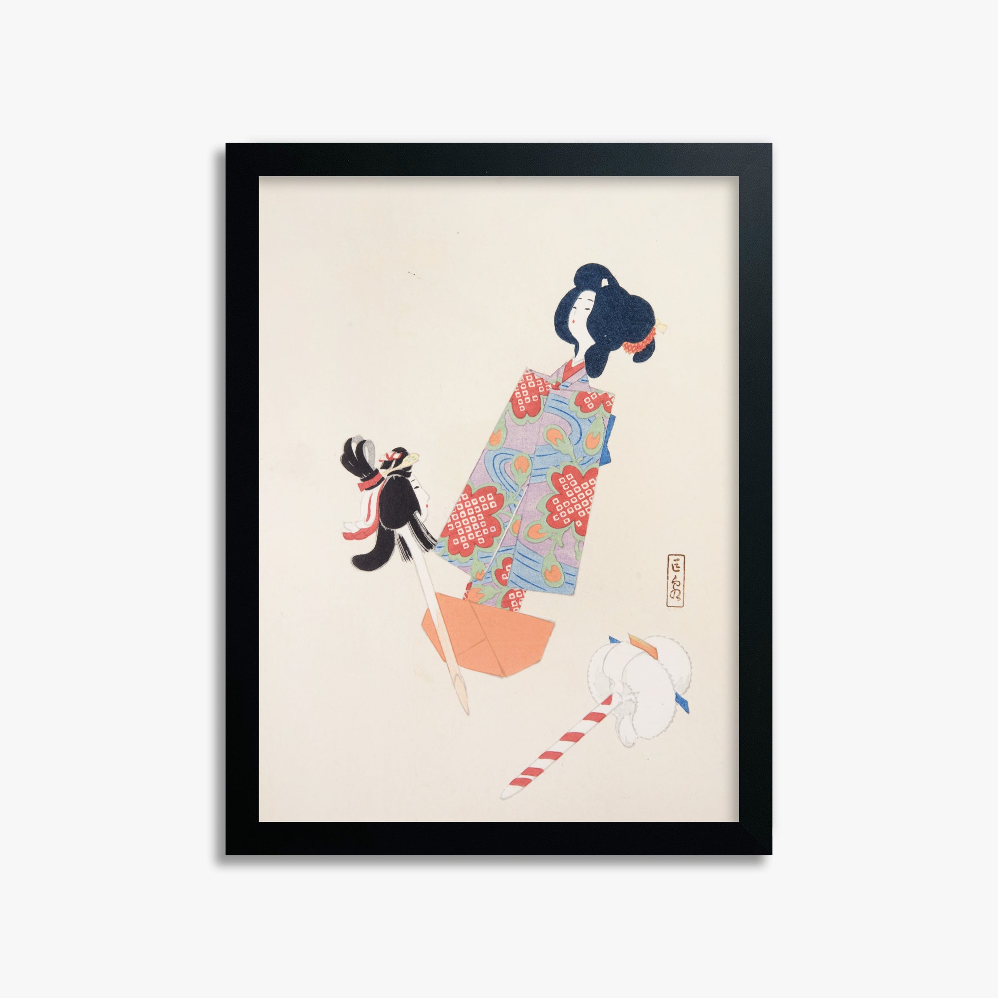 Kawasaki Kyosen: Kyosen’s Collected Illustrations of Japanese Toys Nr. 69 ("Cherry Blossom Dreams"), 30x40cm Framed Art Reproduction With Black Frame