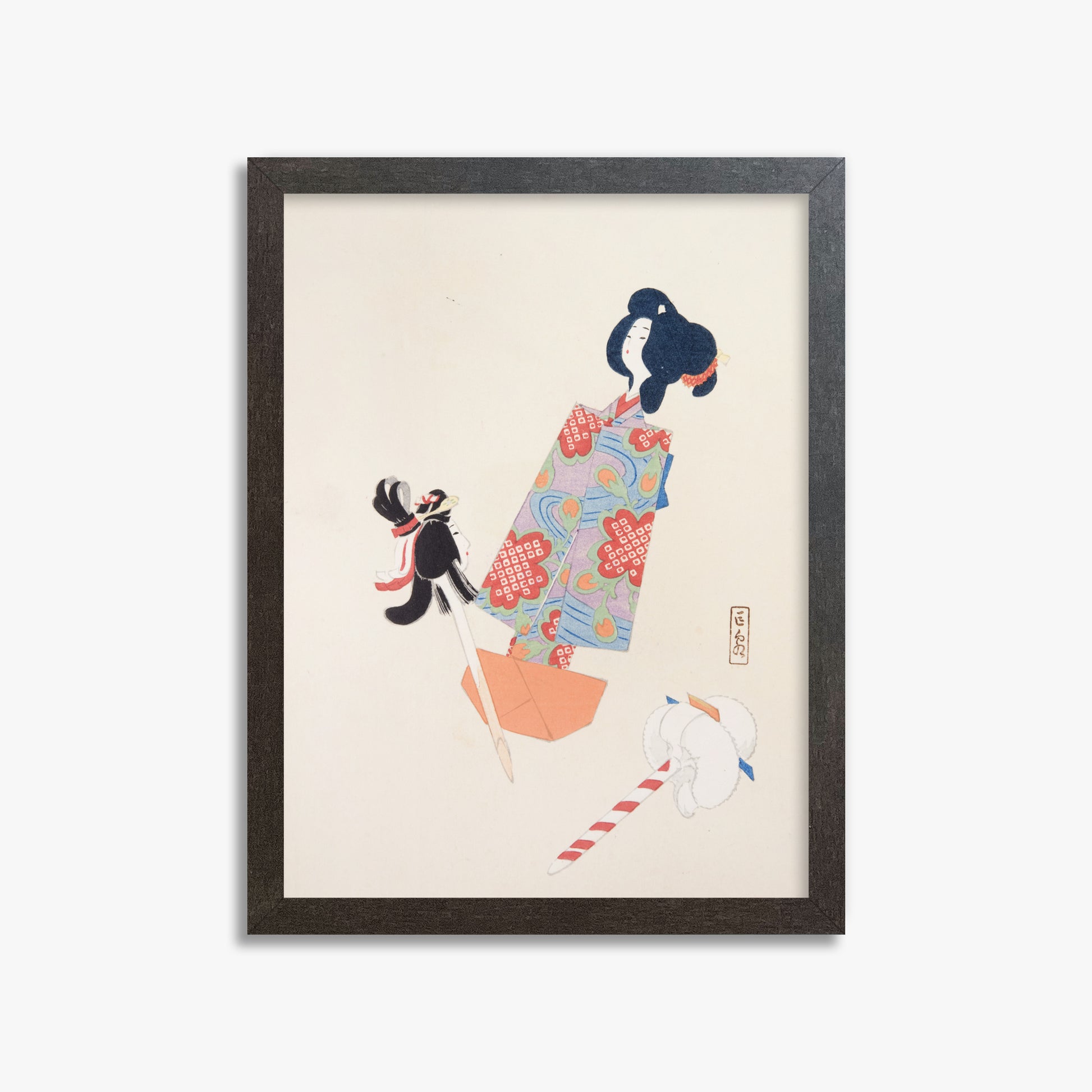 Kawasaki Kyosen: Kyosen’s Collected Illustrations of Japanese Toys Nr. 69 ("Cherry Blossom Dreams"), 30x40cm Framed Art Reproduction With Espresso Frame