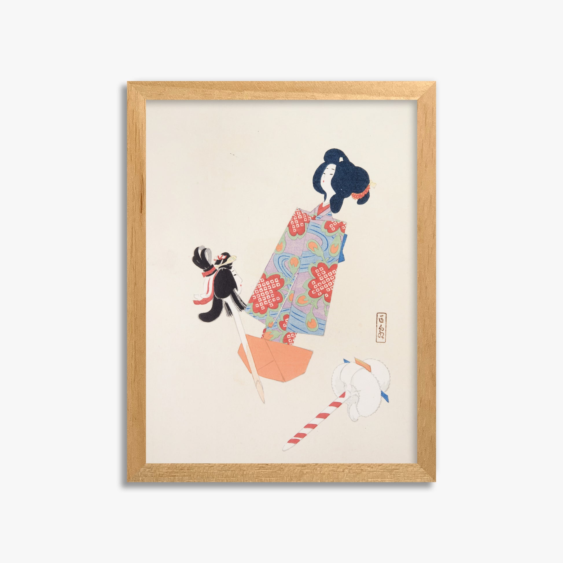 Kawasaki Kyosen: Kyosen’s Collected Illustrations of Japanese Toys Nr. 69 ("Cherry Blossom Dreams"), 30x40cm Framed Art Reproduction With Oak Frame