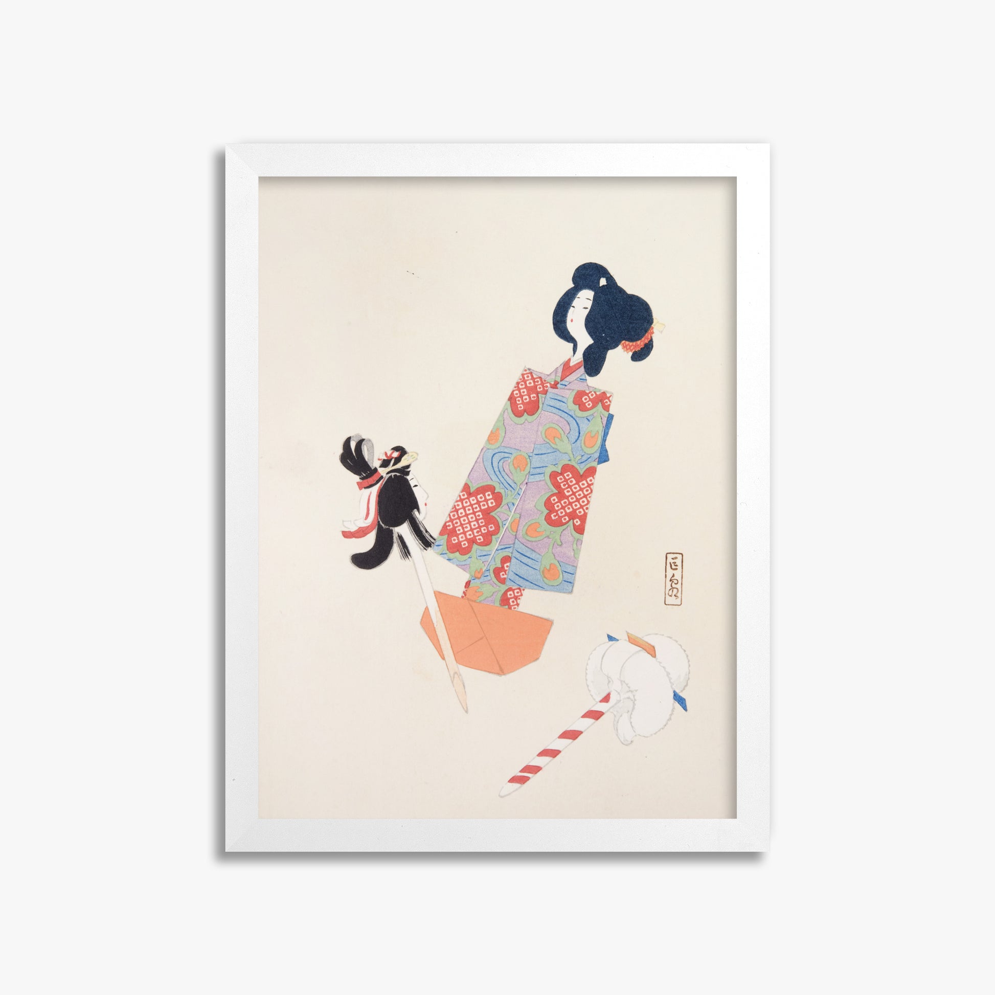 Kawasaki Kyosen: Kyosen’s Collected Illustrations of Japanese Toys Nr. 69 ("Cherry Blossom Dreams"), 30x40cm Framed Art Reproduction With White Frame