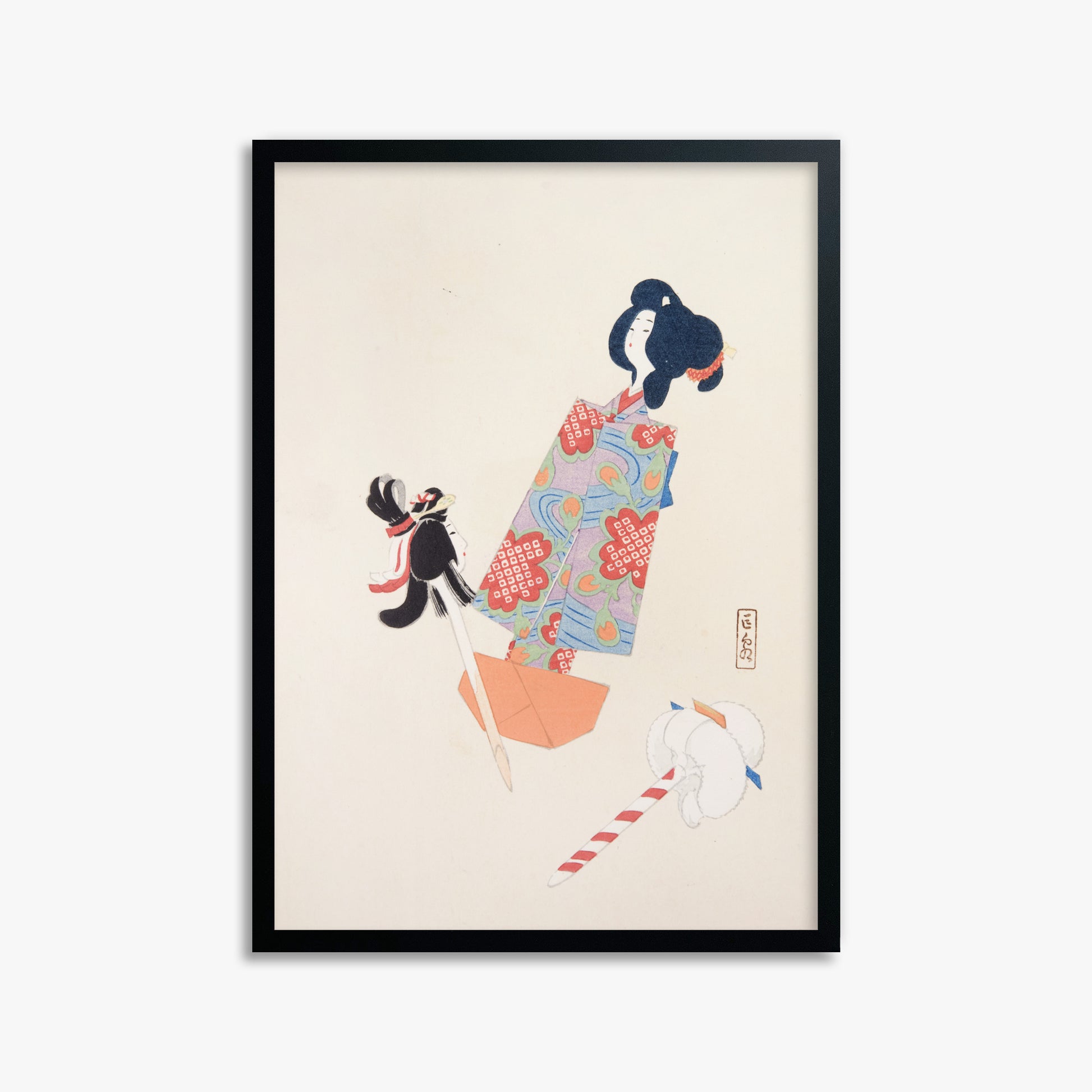 Kawasaki Kyosen: Kyosen’s Collected Illustrations of Japanese Toys Nr. 69 ("Cherry Blossom Dreams"), 50x70cm Framed Art Reproduction With Black Frame