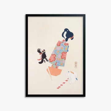 Kawasaki Kyosen: Kyosen’s Collected Illustrations of Japanese Toys Nr. 69 ("Cherry Blossom Dreams"), 50x70cm Framed Art Reproduction With Black Frame