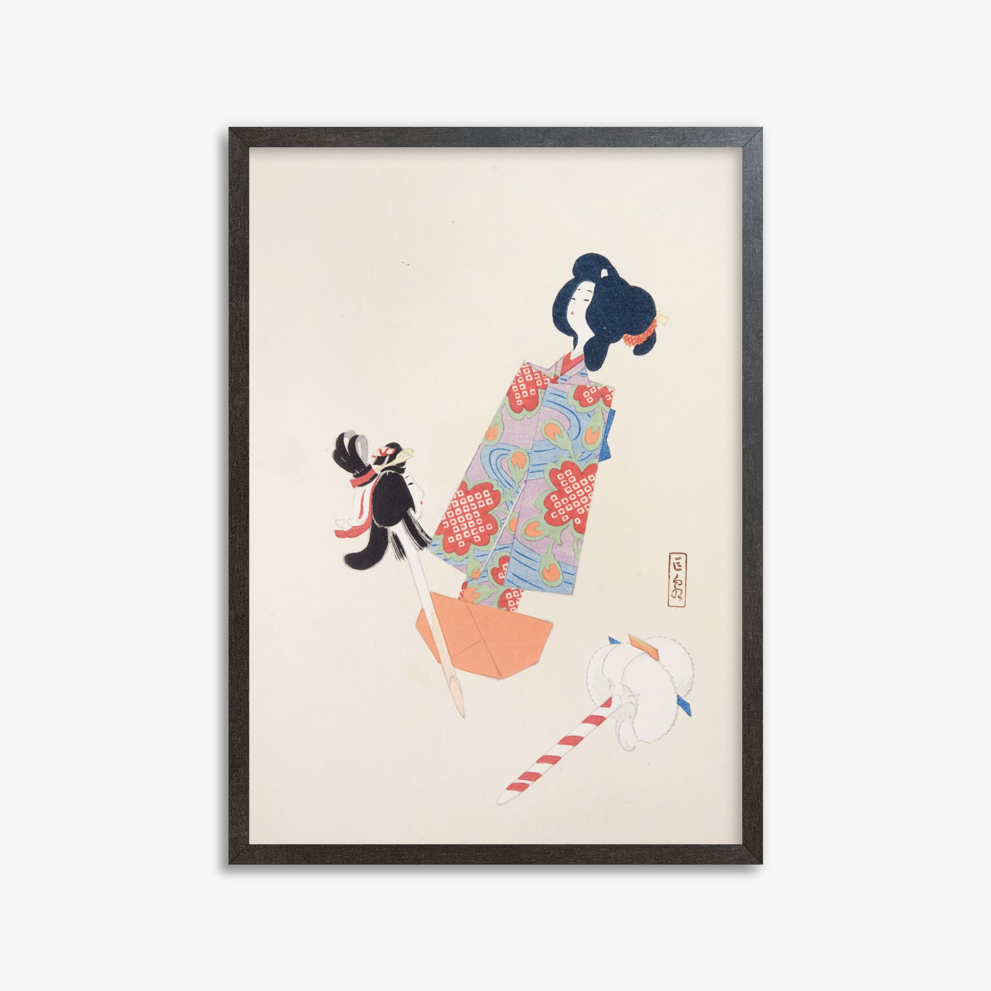 Kawasaki Kyosen: Kyosen’s Collected Illustrations of Japanese Toys Nr. 69 ("Cherry Blossom Dreams"), 50x70cm Framed Art Reproduction With Espresso Frame