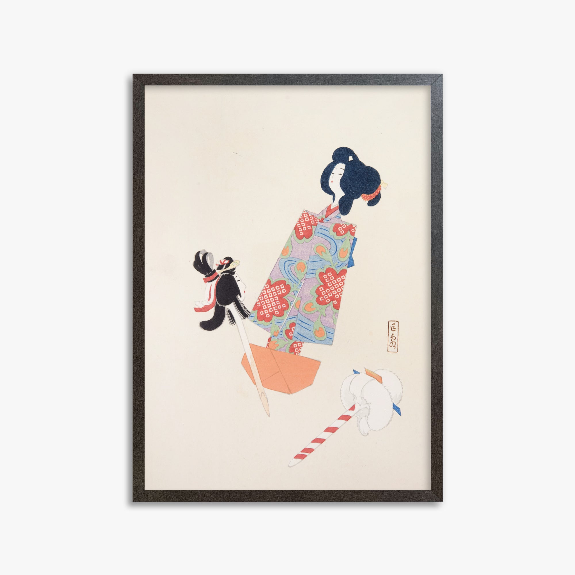 Kawasaki Kyosen: Kyosen’s Collected Illustrations of Japanese Toys Nr. 69 ("Cherry Blossom Dreams"), 50x70cm Framed Art Reproduction With Espresso Frame