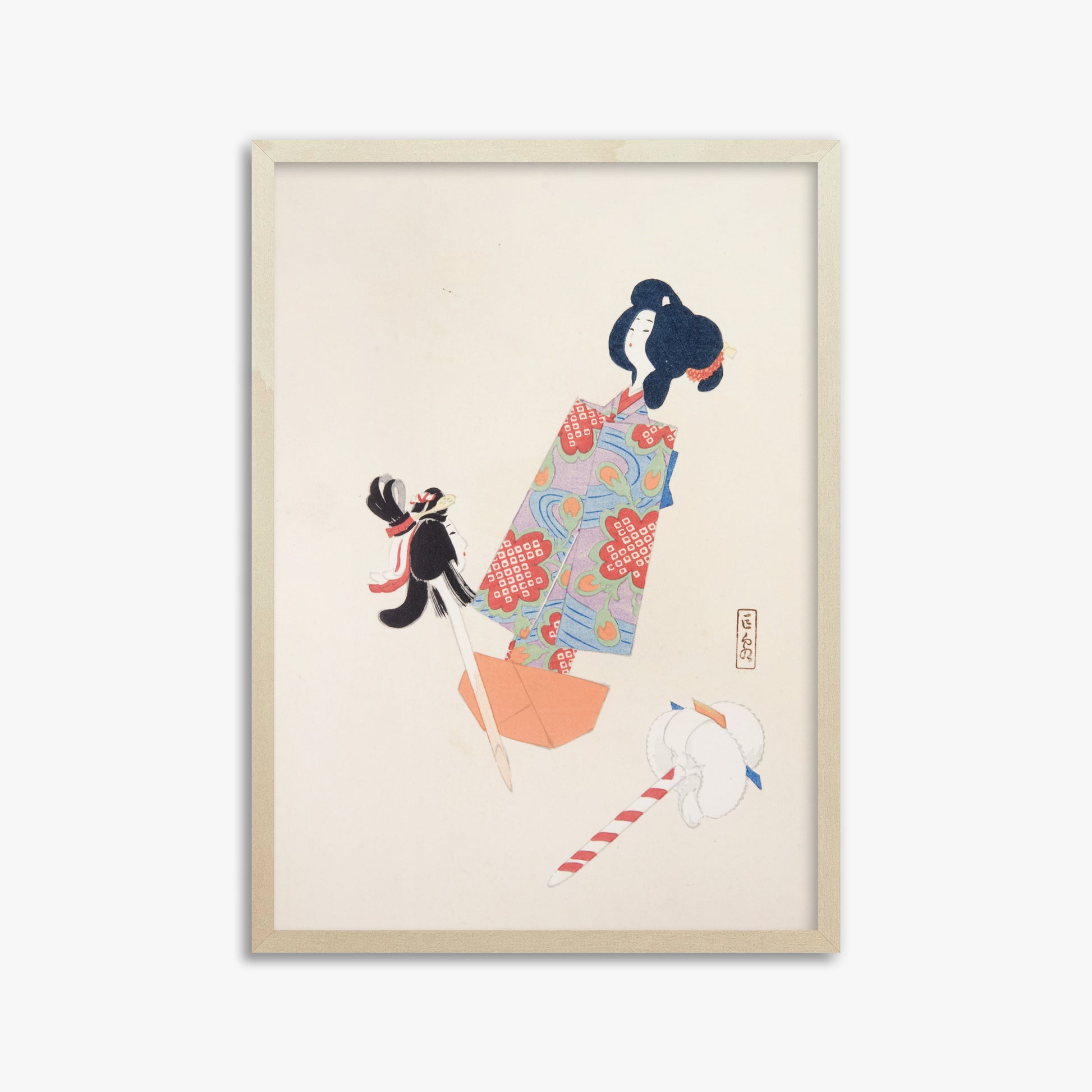 Kawasaki Kyosen: Kyosen’s Collected Illustrations of Japanese Toys Nr. 69 ("Cherry Blossom Dreams"), 50x70cm Framed Art Reproduction With Lime Wood Frame