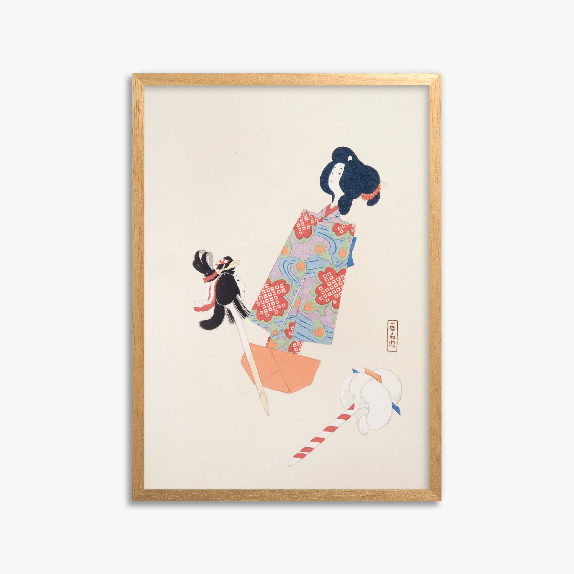 Kawasaki Kyosen: Kyosen’s Collected Illustrations of Japanese Toys Nr. 69 ("Cherry Blossom Dreams"), 50x70cm Framed Art Reproduction With Oak Frame