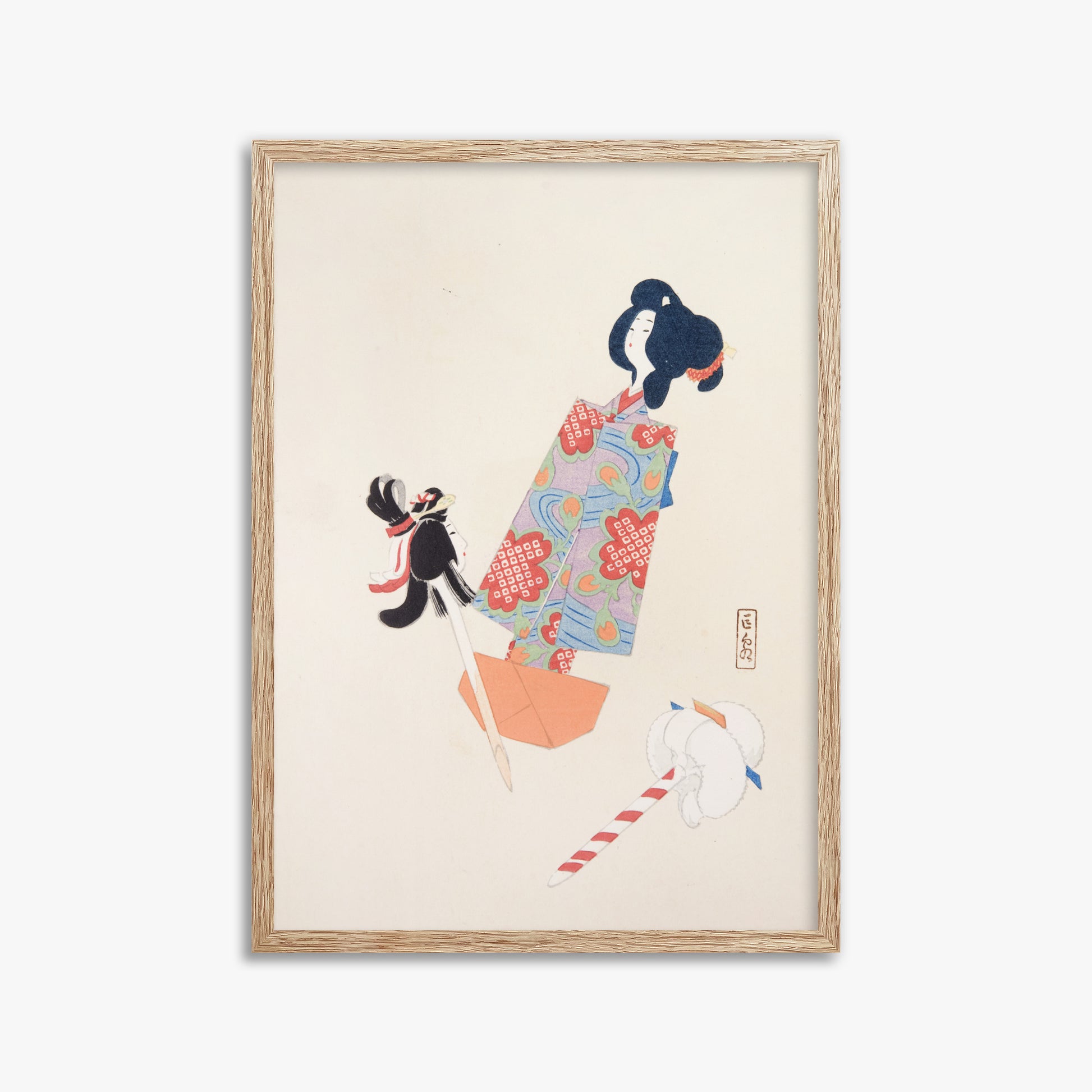 Kawasaki Kyosen: Kyosen’s Collected Illustrations of Japanese Toys Nr. 69 ("Cherry Blossom Dreams"), 50x70cm Framed Art Reproduction With Raw Oak Frame