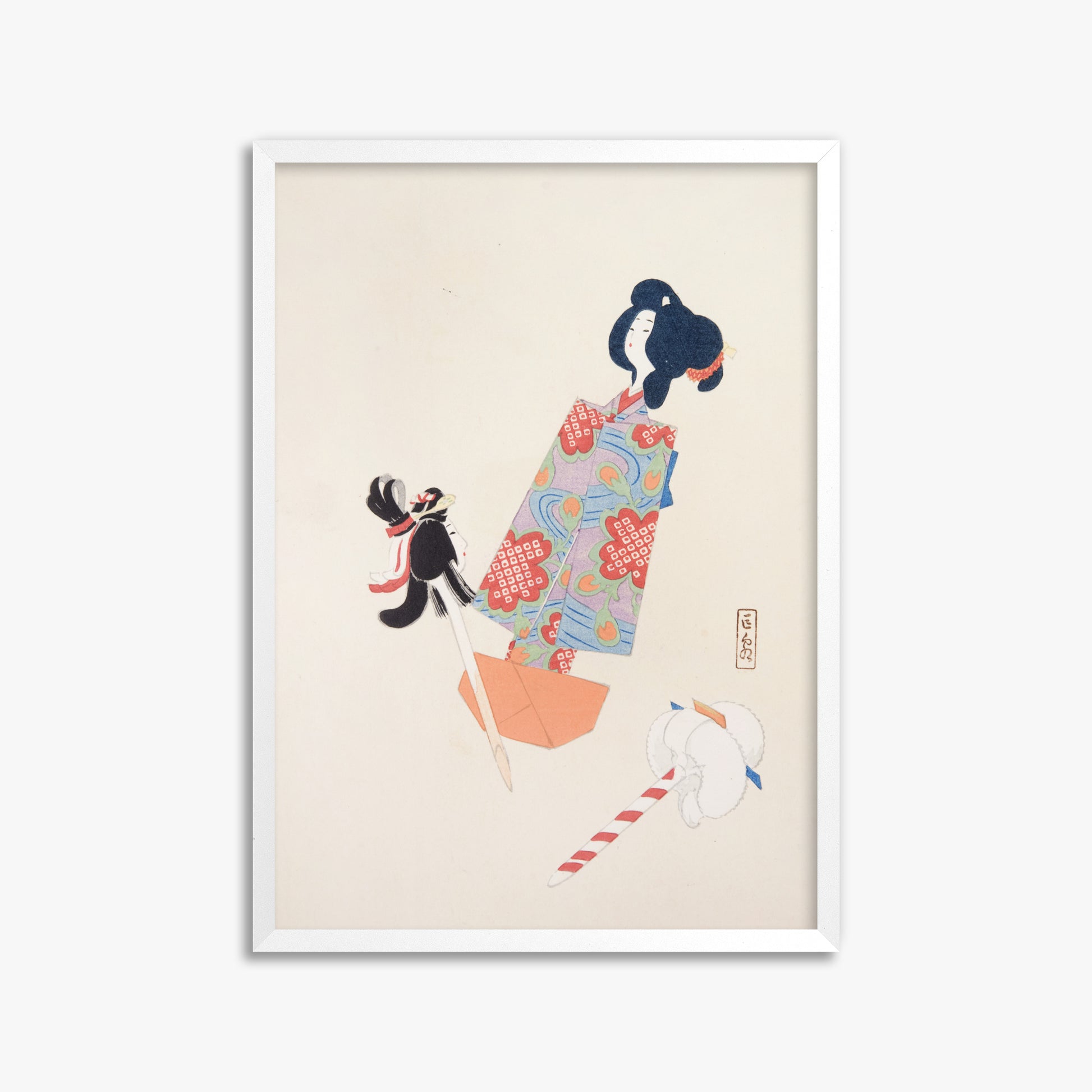 Kawasaki Kyosen: Kyosen’s Collected Illustrations of Japanese Toys Nr. 69 ("Cherry Blossom Dreams"), 50x70cm Framed Art Reproduction With White Frame