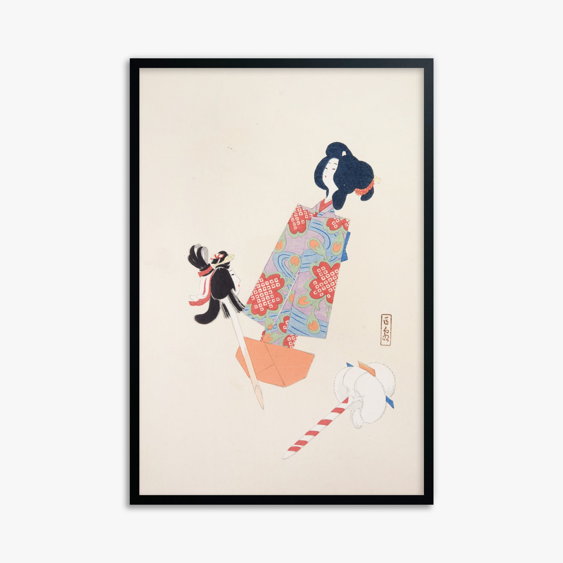 Kawasaki Kyosen: Kyosen’s Collected Illustrations of Japanese Toys Nr. 69 ("Cherry Blossom Dreams"), 61x91cm Framed Art Reproduction With Black Frame