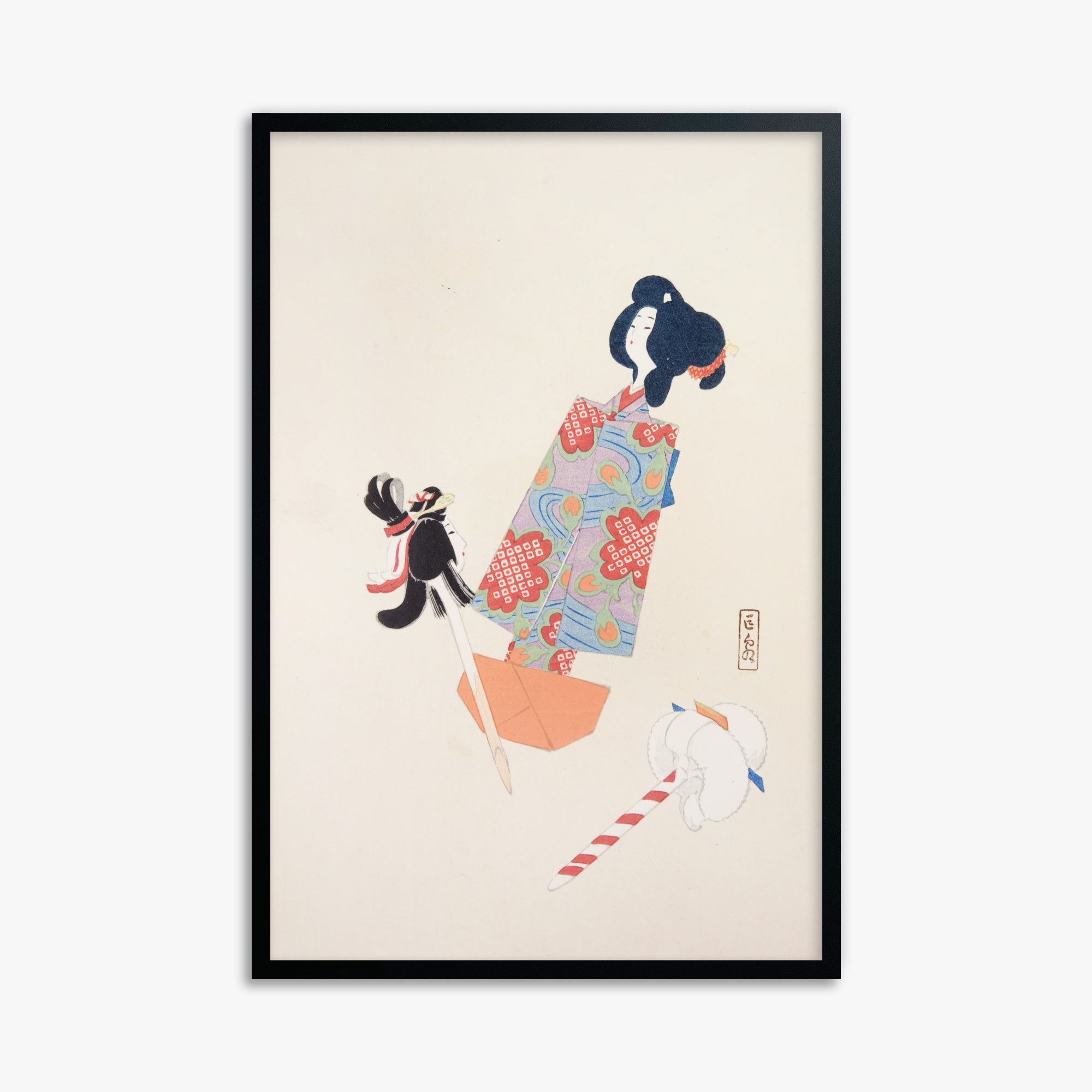 Kawasaki Kyosen: Kyosen’s Collected Illustrations of Japanese Toys Nr. 69 ("Cherry Blossom Dreams"), 61x91cm Framed Art Reproduction With Black Frame