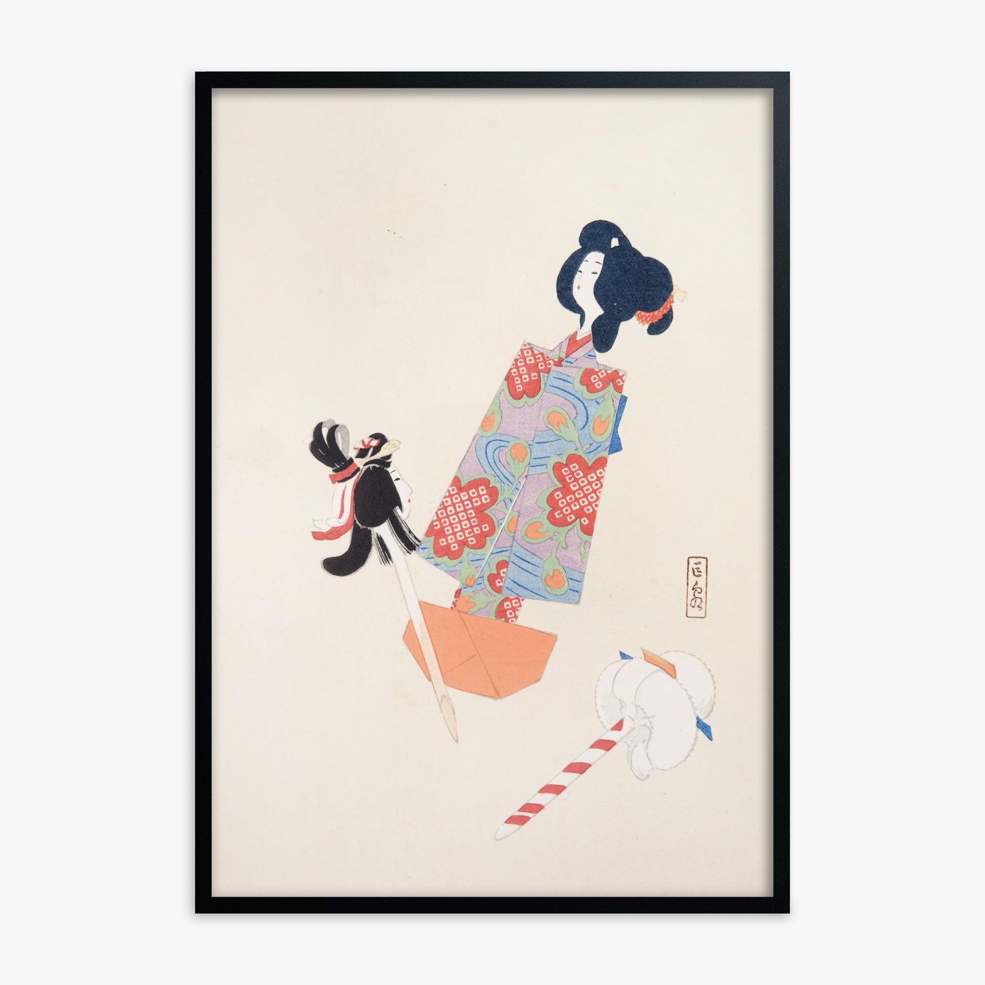 Kawasaki Kyosen: Kyosen’s Collected Illustrations of Japanese Toys Nr. 69 ("Cherry Blossom Dreams"), Black Framed Art Reproduction With Black Frame
