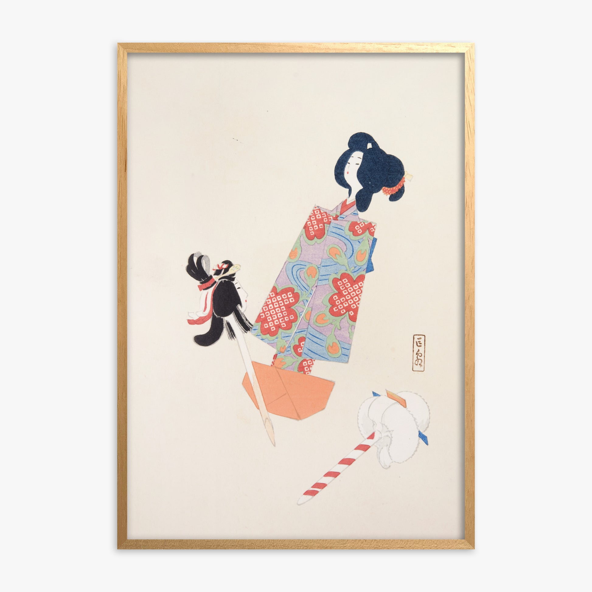 Kawasaki Kyosen: Kyosen’s Collected Illustrations of Japanese Toys Nr. 69 ("Cherry Blossom Dreams"), Oak Framed Art Reproduction With Oak Frame