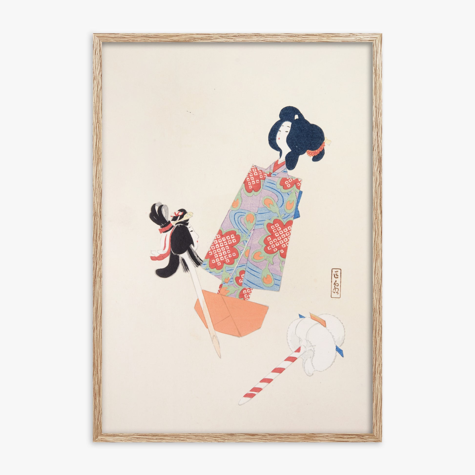Kawasaki Kyosen: Kyosen’s Collected Illustrations of Japanese Toys Nr. 69 ("Cherry Blossom Dreams"), 70x100cm Framed Art Reproduction With Raw Oak Frame
