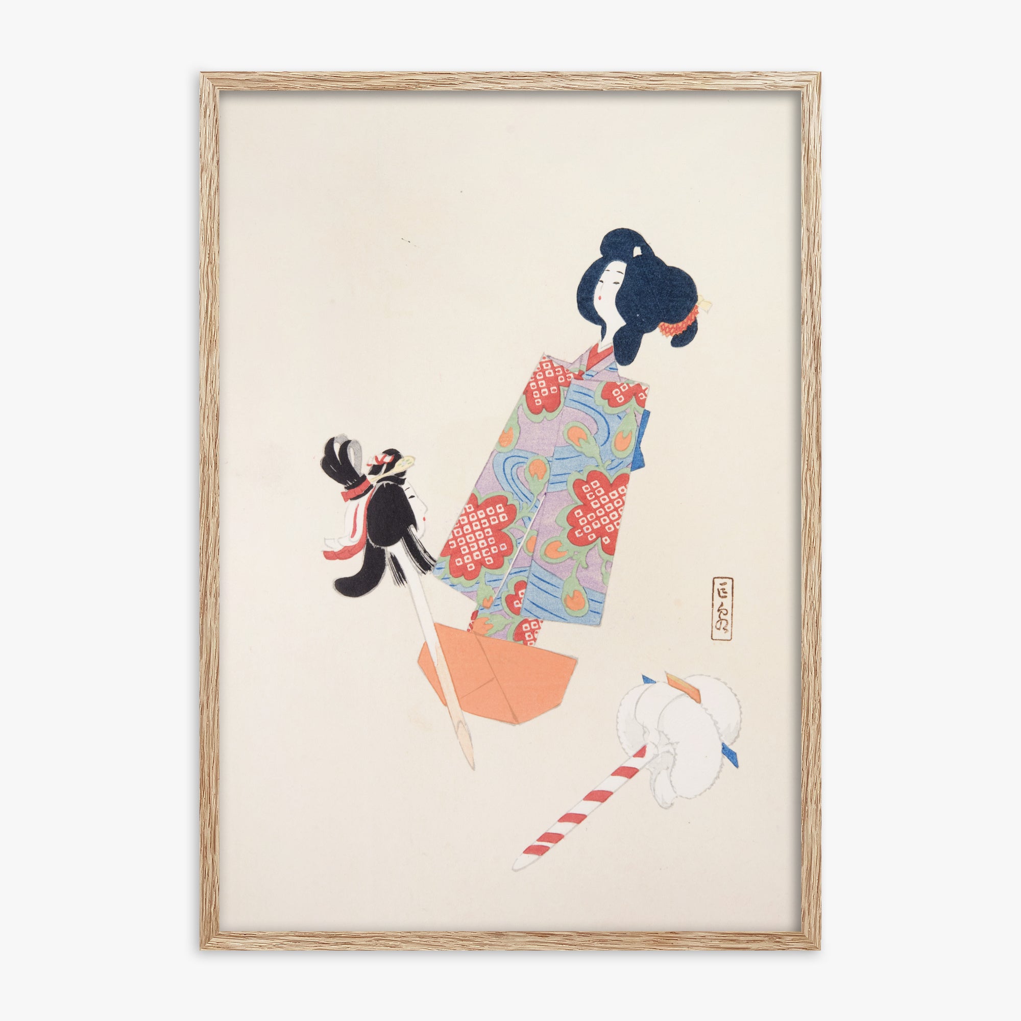 Kawasaki Kyosen: Kyosen’s Collected Illustrations of Japanese Toys Nr. 69 ("Cherry Blossom Dreams"), 70x100cm Framed Art Reproduction With Raw Oak Frame