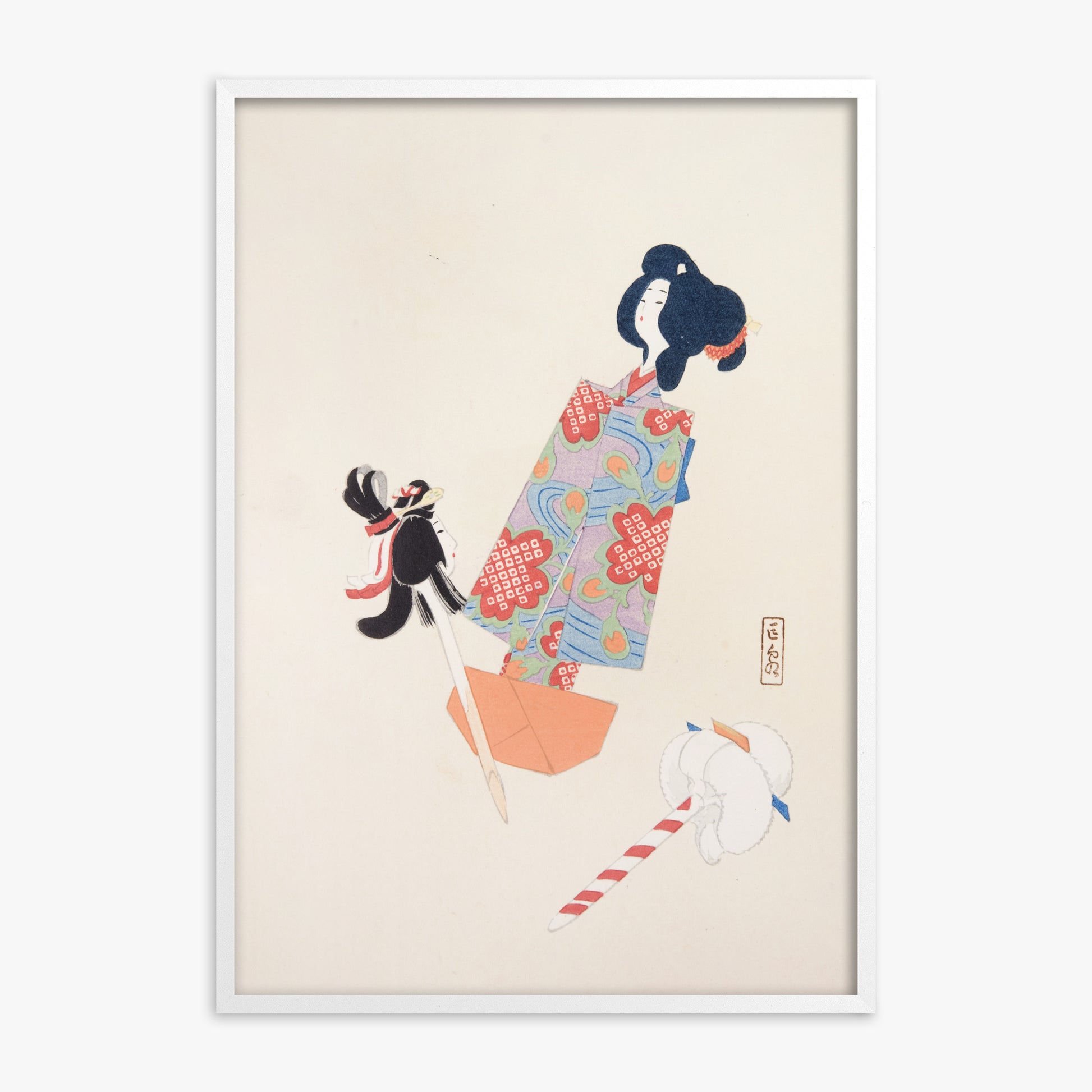 Kawasaki Kyosen: Kyosen’s Collected Illustrations of Japanese Toys Nr. 69 ("Cherry Blossom Dreams"), White Framed Art Reproduction With White Frame