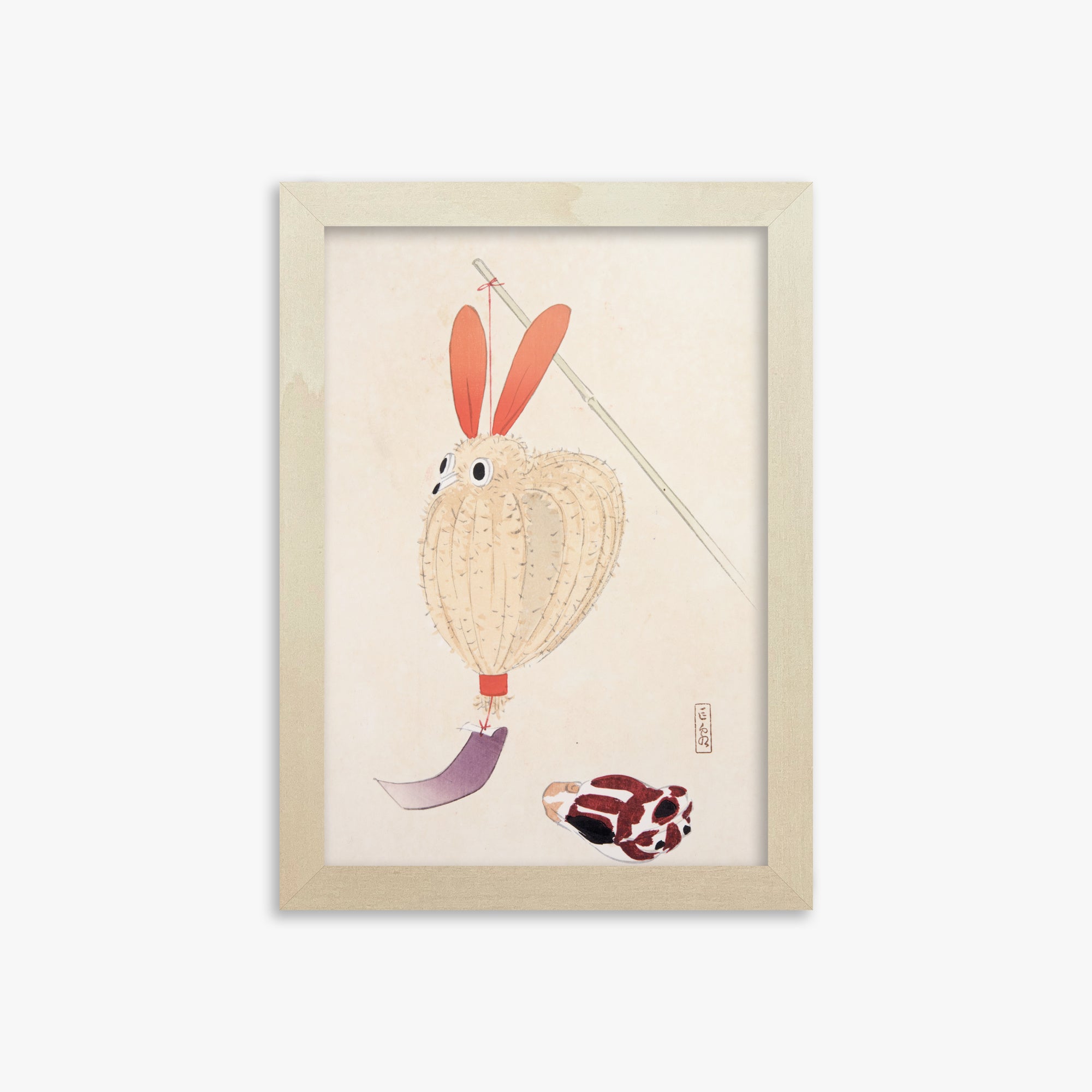 Kawasaki Kyosen: Kyosen’s Collected Illustrations of Japanese Toys Nr. 71 ("Whimsical Lantern Bunny"), 21x30cm Framed Art Reproduction With Lime Wood Frame