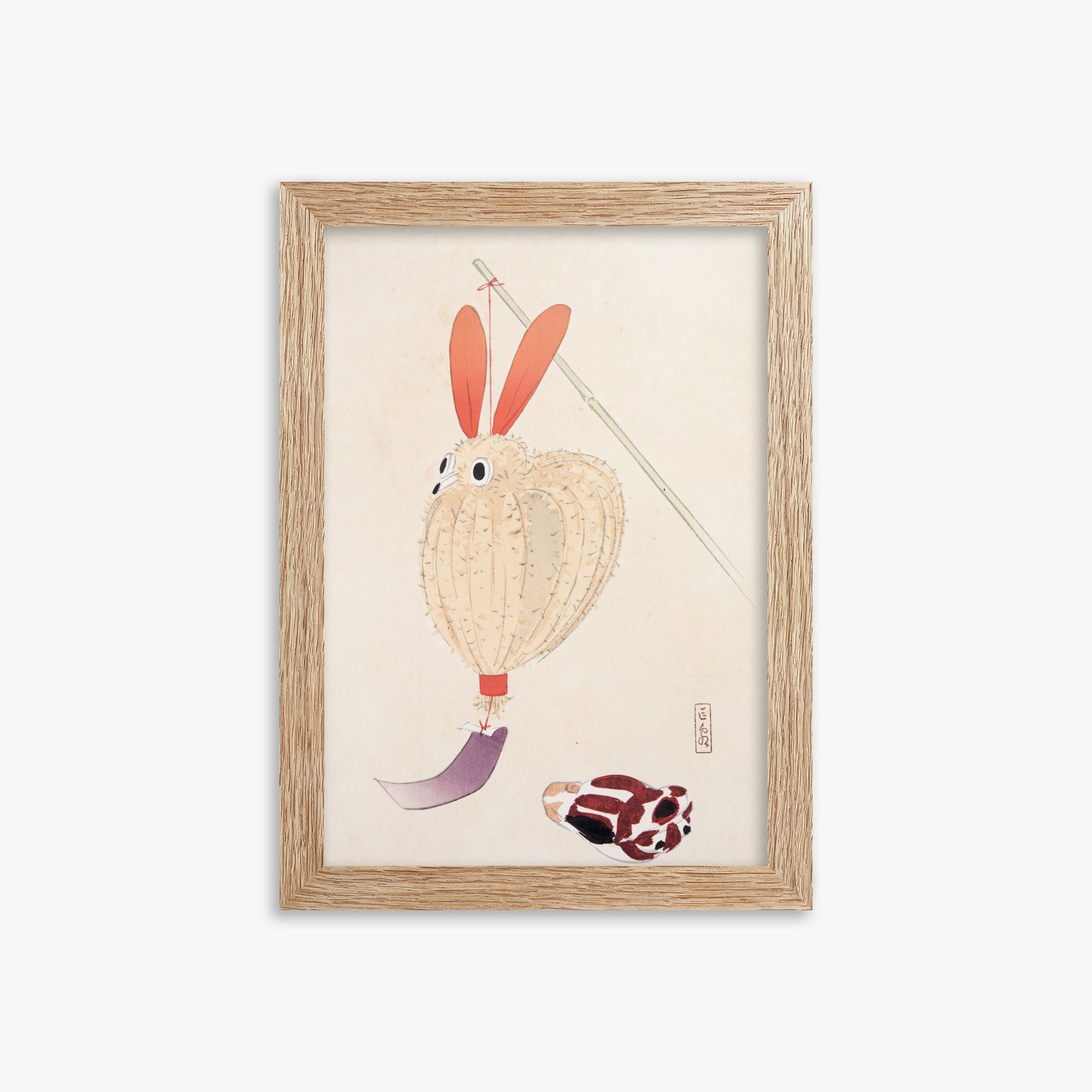Kawasaki Kyosen: Kyosen’s Collected Illustrations of Japanese Toys Nr. 71 ("Whimsical Lantern Bunny"), 21x30cm Framed Art Reproduction With Raw Oak Frame