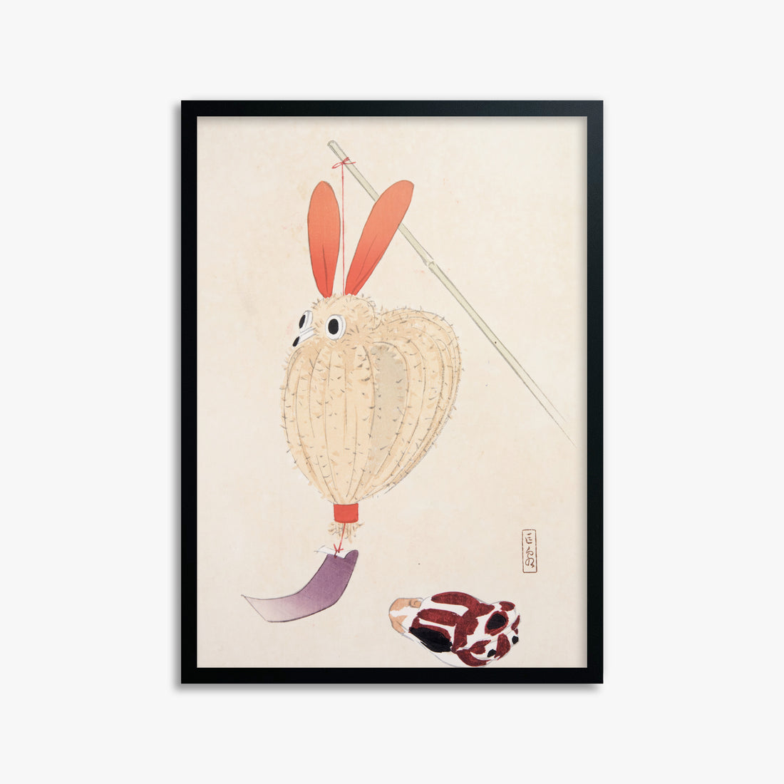 Kawasaki Kyosen: Kyosen’s Collected Illustrations of Japanese Toys Nr. 71 ("Whimsical Lantern Bunny"), 50x70cm Framed Art Reproduction With Black Frame
