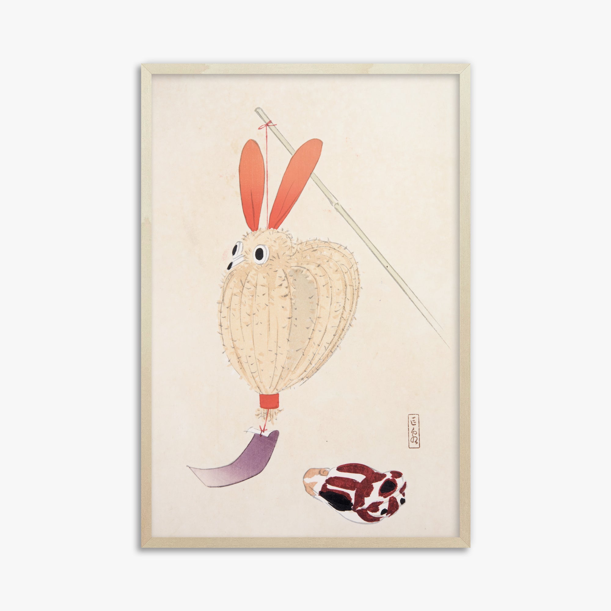 Kawasaki Kyosen: Kyosen’s Collected Illustrations of Japanese Toys Nr. 71 ("Whimsical Lantern Bunny"), 61x91cm Framed Art Reproduction With Lime Wood Frame