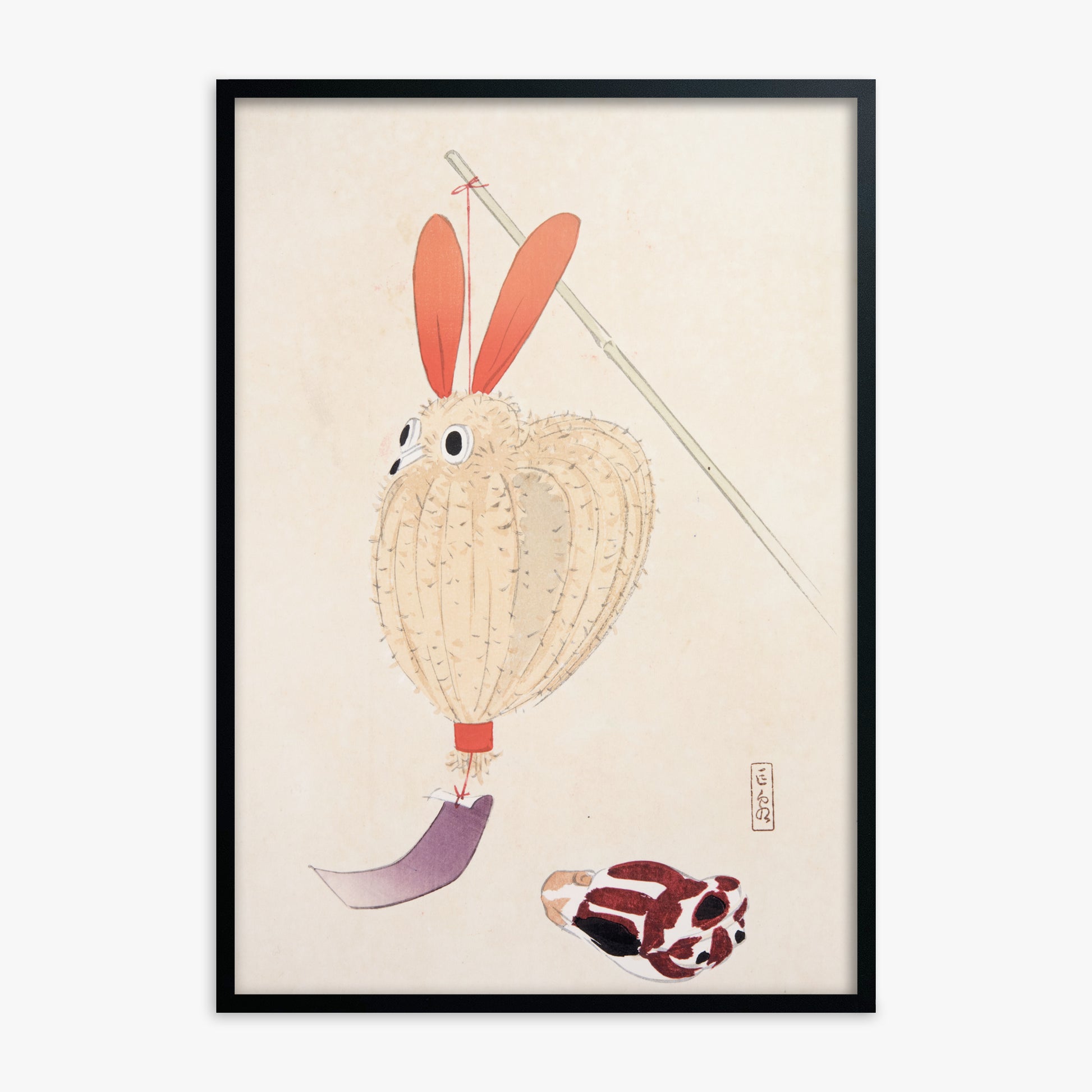 Kawasaki Kyosen: Kyosen’s Collected Illustrations of Japanese Toys Nr. 71 ("Whimsical Lantern Bunny"), Black Framed Art Reproduction With Black Frame