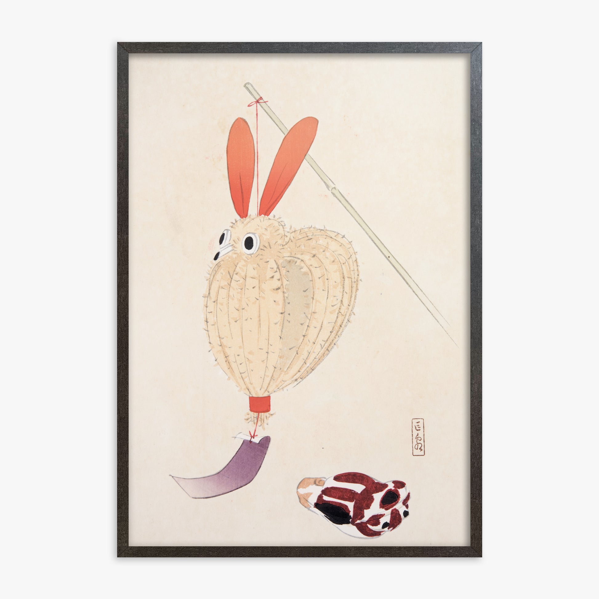 Kawasaki Kyosen: Kyosen’s Collected Illustrations of Japanese Toys Nr. 71 ("Whimsical Lantern Bunny"), 70x100cm Framed Art Reproduction With Espresso Frame