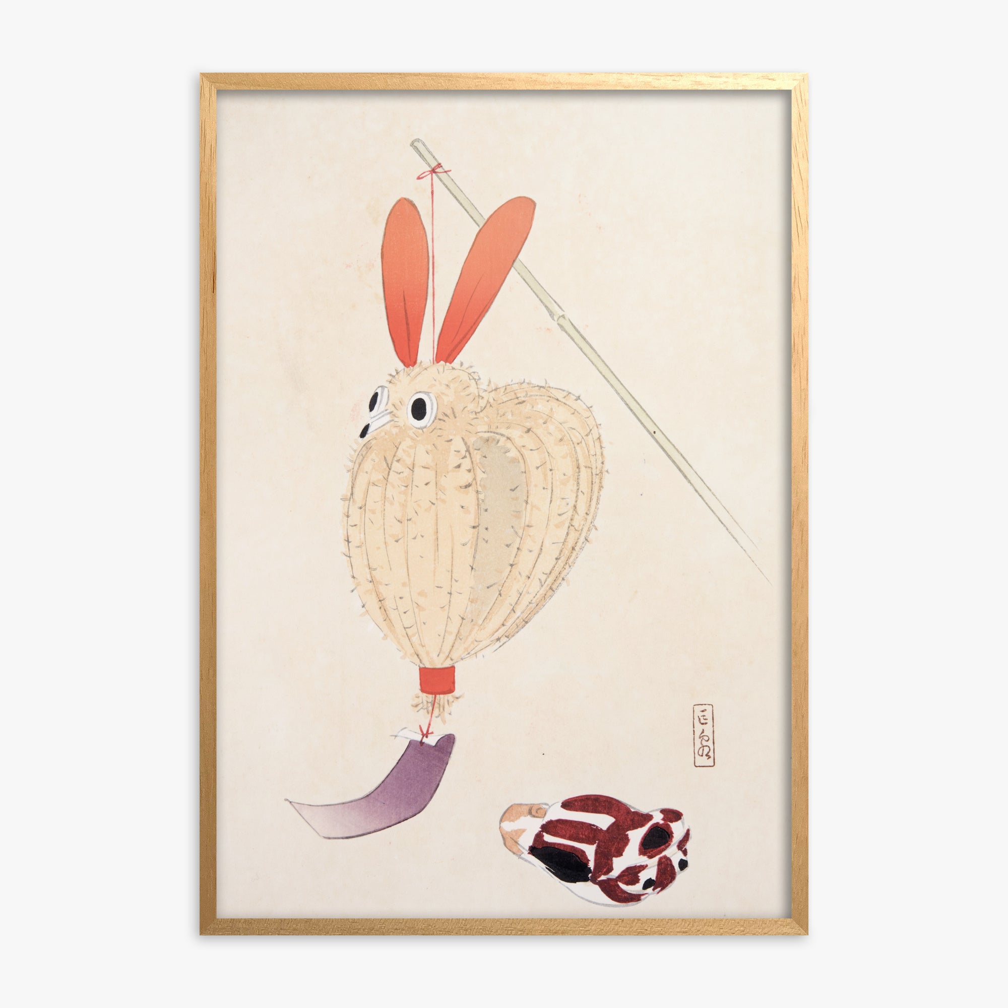 Kawasaki Kyosen: Kyosen’s Collected Illustrations of Japanese Toys Nr. 71 ("Whimsical Lantern Bunny"), Oak Framed Art Reproduction With Oak Frame