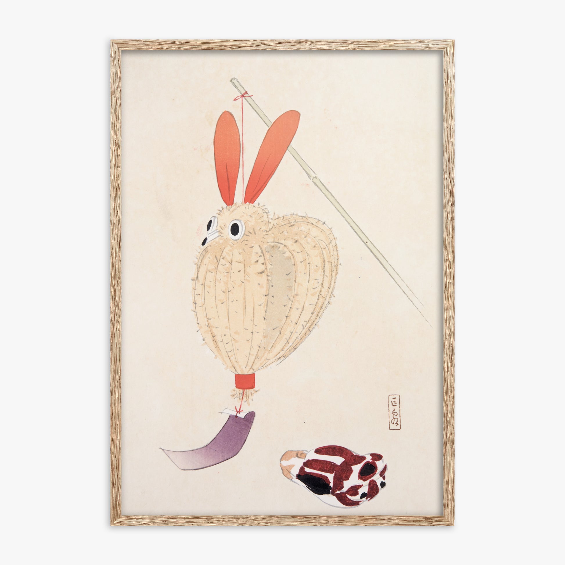 Kawasaki Kyosen: Kyosen’s Collected Illustrations of Japanese Toys Nr. 71 ("Whimsical Lantern Bunny"), 70x100cm Framed Art Reproduction With Raw Oak Frame
