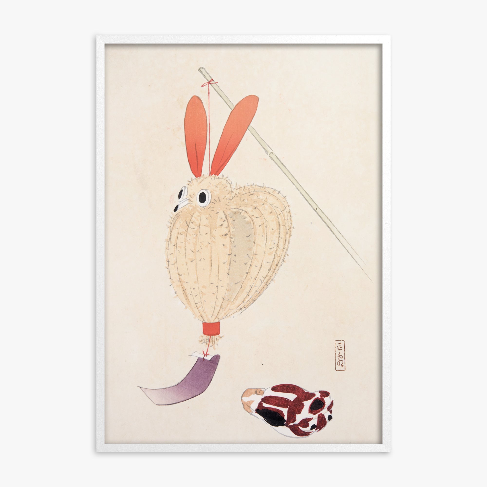 Kawasaki Kyosen: Kyosen’s Collected Illustrations of Japanese Toys Nr. 71 ("Whimsical Lantern Bunny"), White Framed Art Reproduction With White Frame