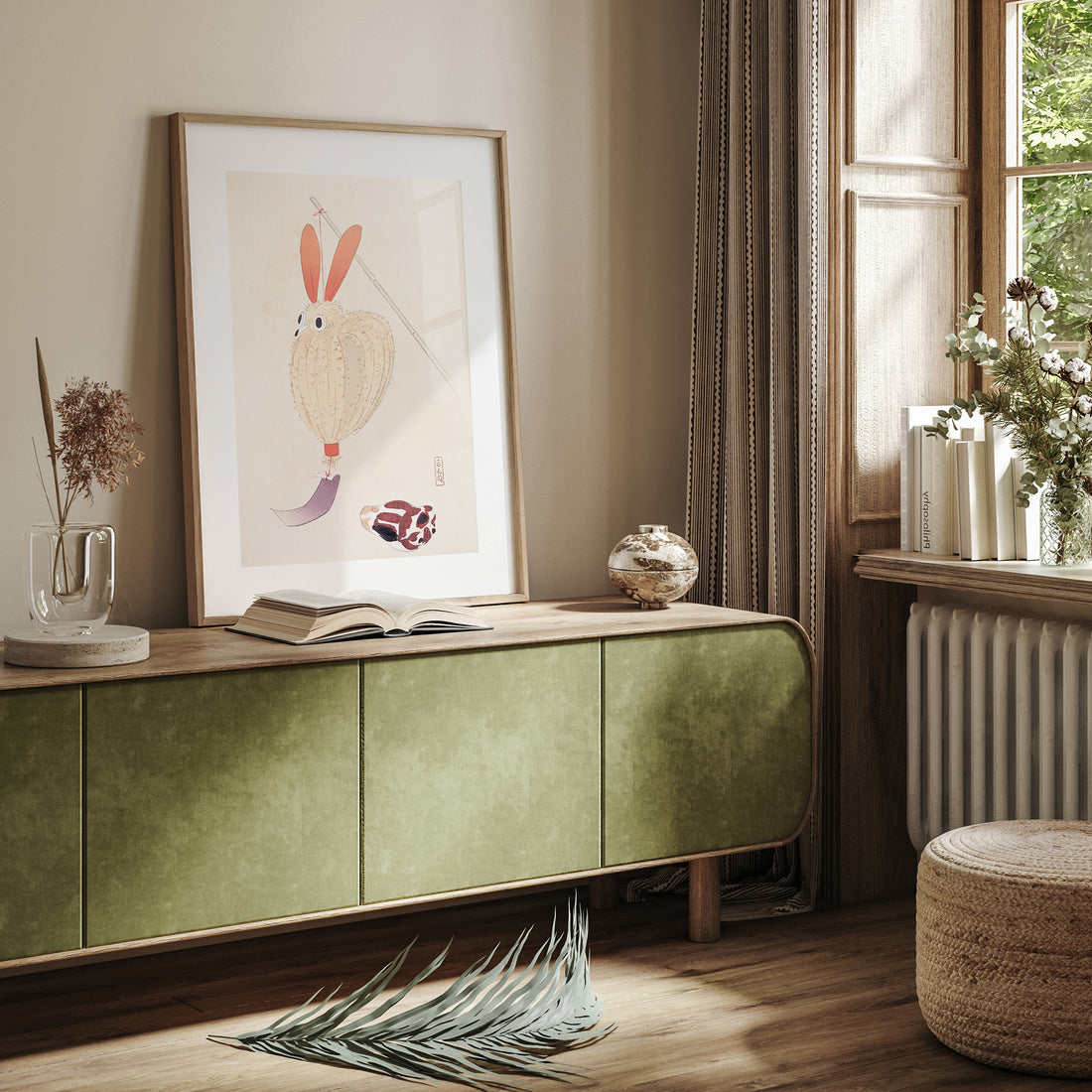 Kawasaki Kyosen: Kyosen’s Collected Illustrations of Japanese Toys Nr. 71 ("Whimsical Lantern Bunny"), 50x70cm Framed Art Reproduction With Black Frame