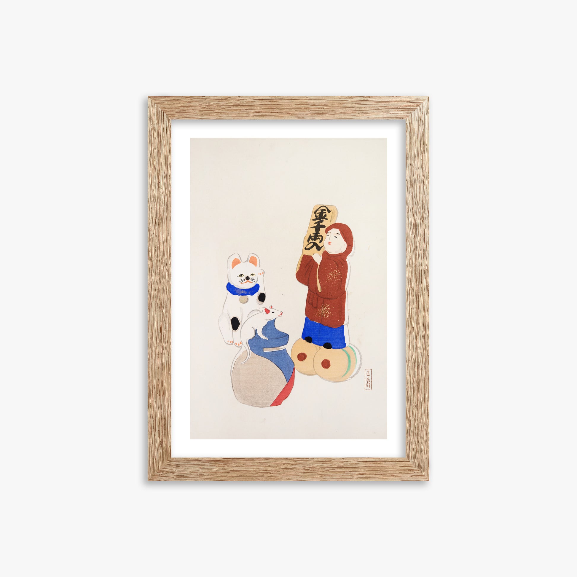 Kawasaki Kyosen: Kyosen’s Collected Illustrations of Japanese Toys Nr. 72 ("Fortune Folk Treasures"), 21x30cm Framed Art Reproduction With Raw Oak Frame