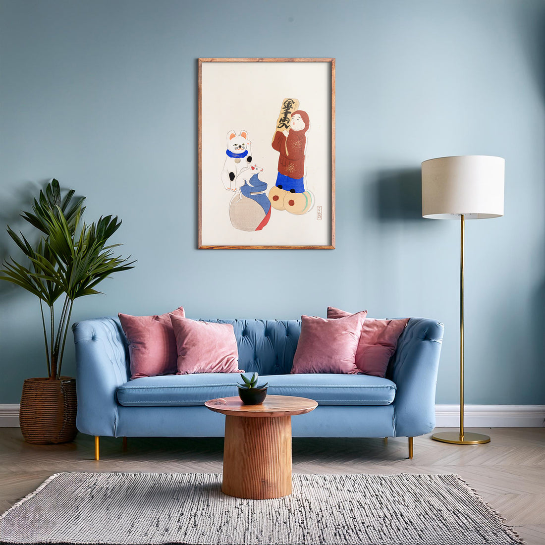 Kawasaki Kyosen: Kyosen’s Collected Illustrations of Japanese Toys Nr. 72 ("Fortune Folk Treasures"), 50x70cm Framed Art Reproduction With Black Frame