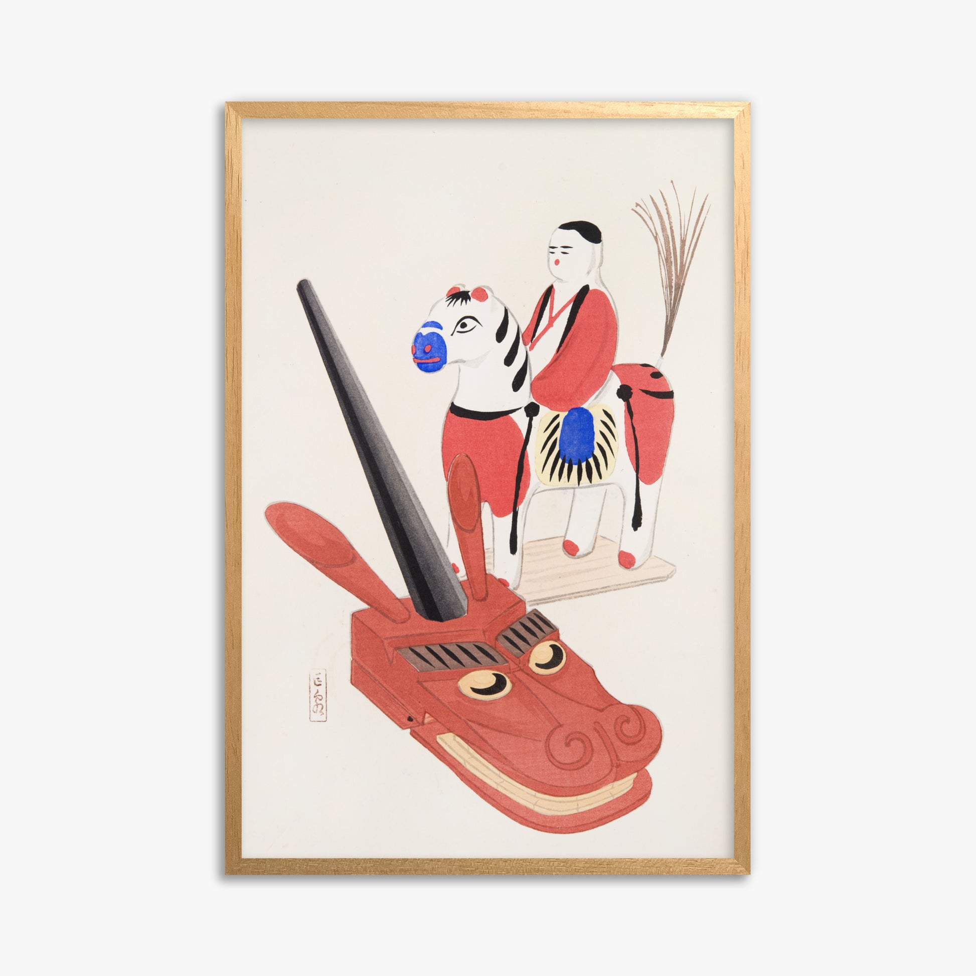 Kawasaki Kyosen: Kyosen’s Collected Illustrations of Japanese Toys Nr. 73 ("Eastern Folk Toys"), 61x91cm Framed Art Reproduction With Oak Frame