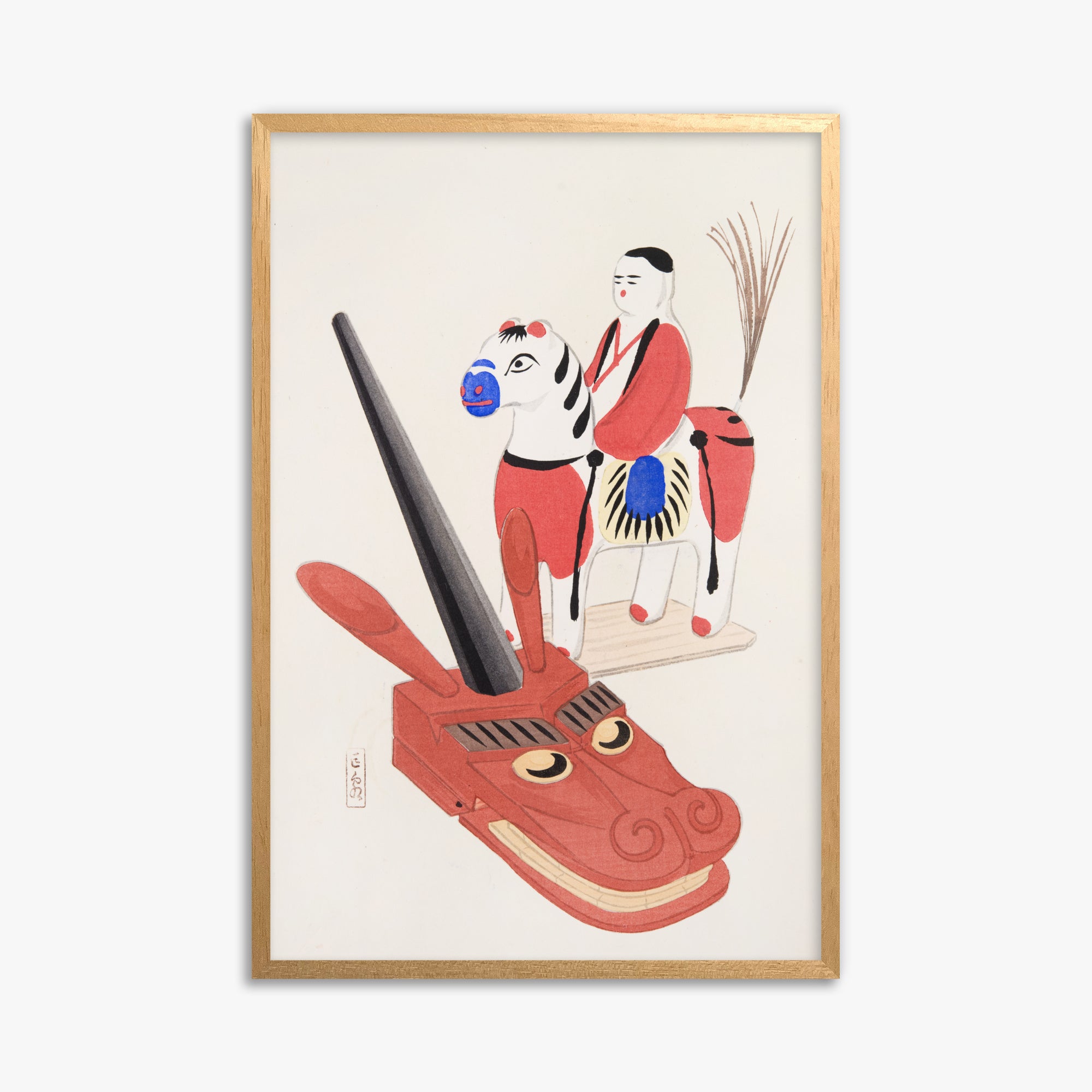 Kawasaki Kyosen: Kyosen’s Collected Illustrations of Japanese Toys Nr. 73 ("Eastern Folk Toys"), 61x91cm Framed Art Reproduction With Oak Frame