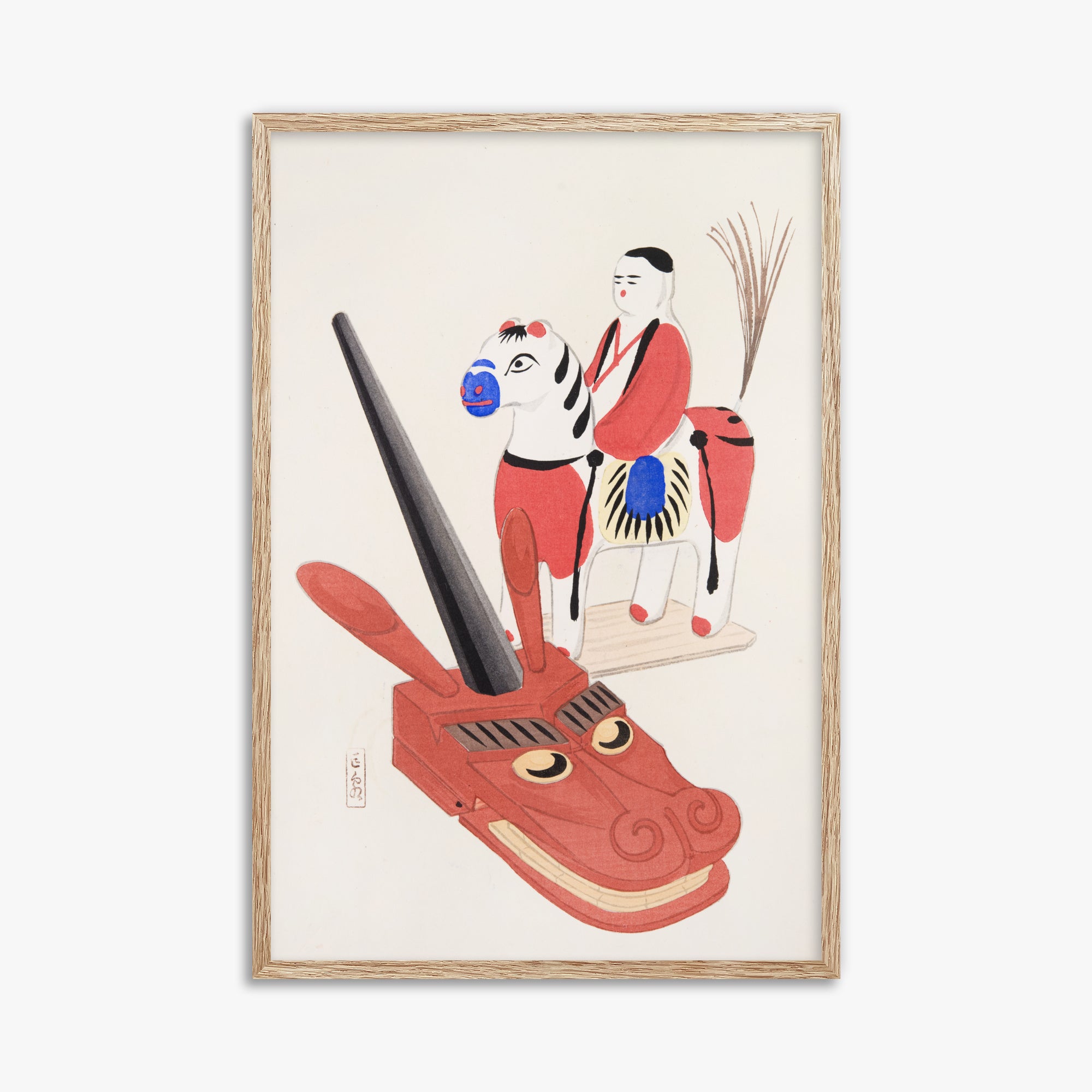 Kawasaki Kyosen: Kyosen’s Collected Illustrations of Japanese Toys Nr. 73 ("Eastern Folk Toys"), 61x91cm Framed Art Reproduction With Raw Oak Frame