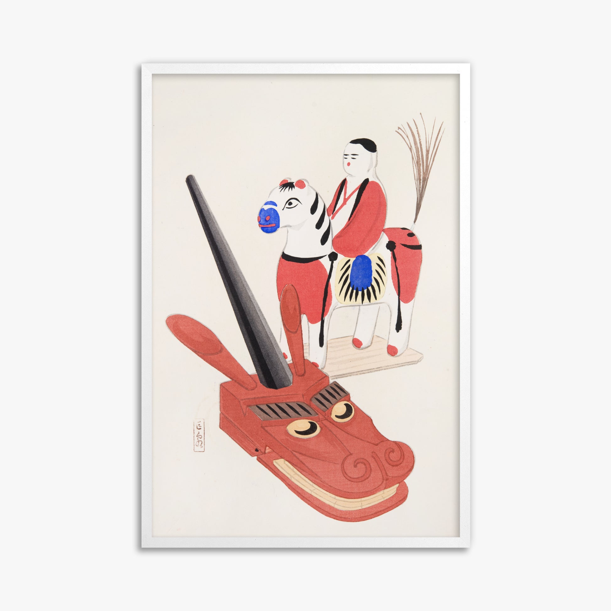 Kawasaki Kyosen: Kyosen’s Collected Illustrations of Japanese Toys Nr. 73 ("Eastern Folk Toys"), 61x91cm Framed Art Reproduction With White Frame